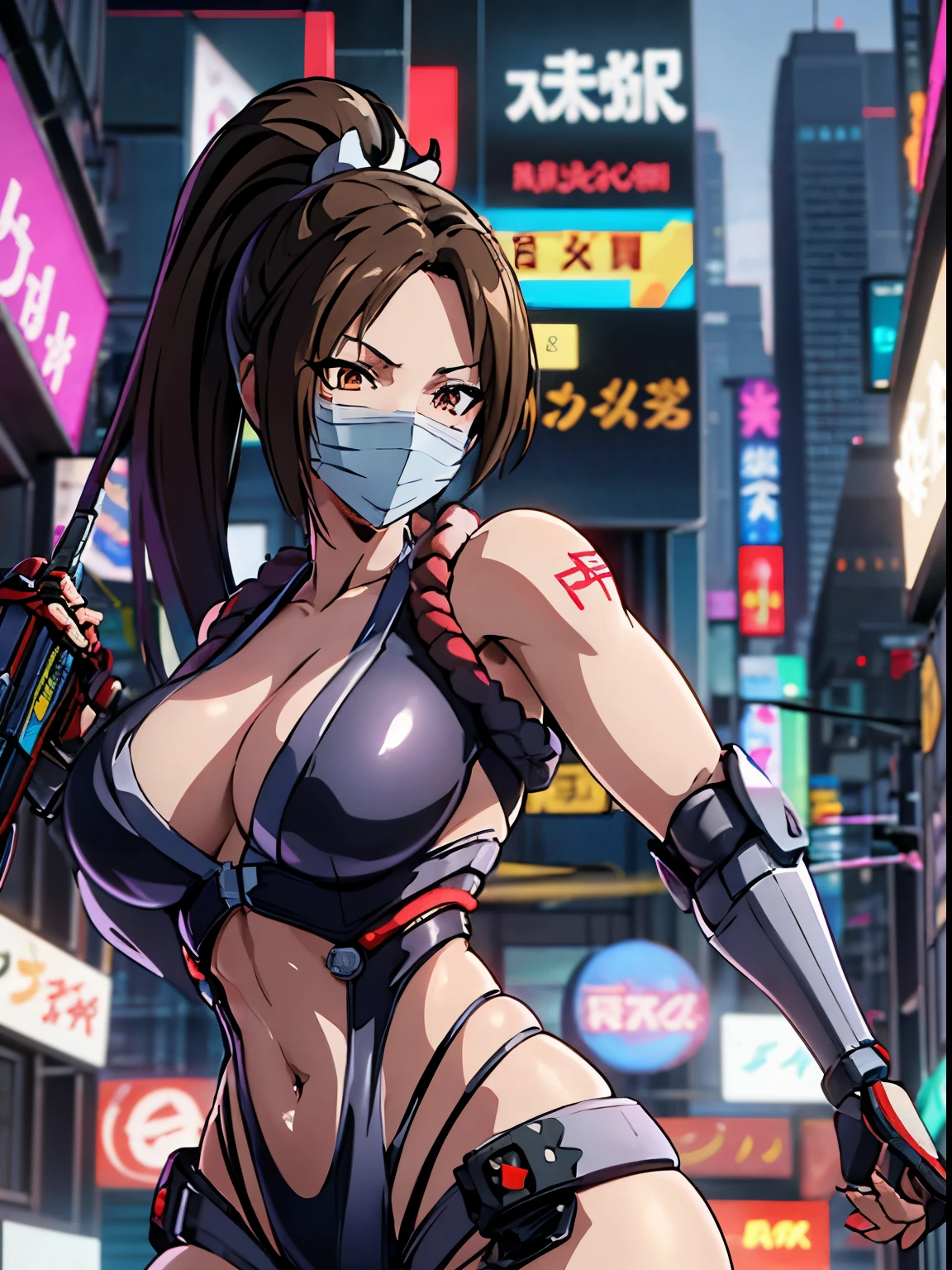 rough skin, Super detailed, advanced details, high quality, 最high quality, High resolution, 1080p, hard disk, beautiful,(war machine),beautifulサイボーグの女性,Mecha cyborg girl,battle mode,Mecha body girl,She is wearing a futuristic war machine weapon mecha、((put on a cyberpunk mask:1.5))、((fighting stance:1.5))、(((Owns a large mechanical handheld fan:1.3)))、(Mai Shiranui)