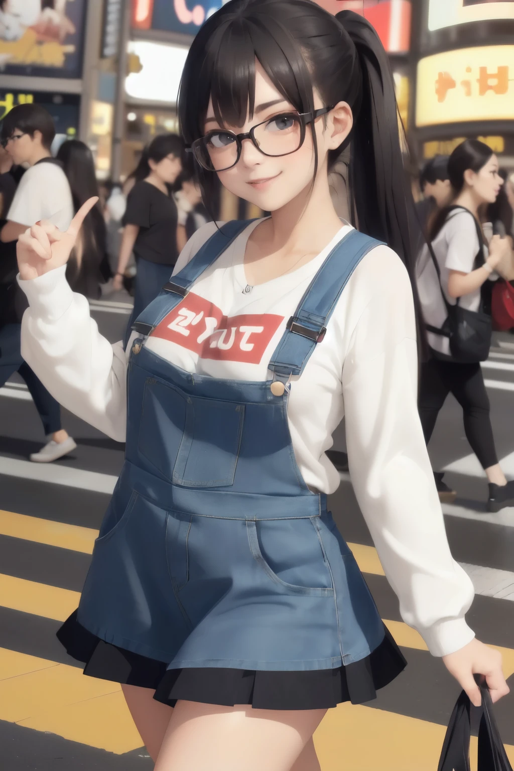 ((wide angle)), beautiful female tourist, black hair in a ponytail, bangs, wearing large glasses, grin, ((wearing large short skirt overallorning light, Shibuya Scramble Crossing