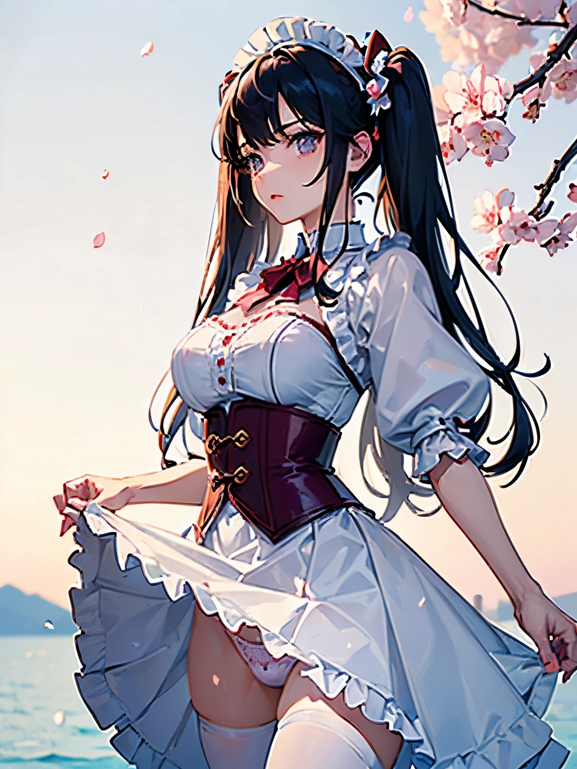 masterpiece，((highest quality))，8k wallpaper，precise expression，((very detailed explanation))，RAW photo.　　　　　　　　　　　　　　　　　　　　　　　　　　　　　　　　　　　　　　　　　((female 1))，20-year-old，super beauty，((Fine facial details))，perfect anatomy，correct anatomy，perfect face，perfect arms，，perfect fingers，perfect waist，perfect thighs，twin tails，beautiful black hair，view audience，Camera flash reflected in the eyes，((very confused look:1.5))，((Very detailed depiction of facial parts)),very red face，((fine facial details))，Wear a white blouse with frills on the collar，wearing a purple corset，maid cosplay，white miniskirt with white frills，((lift the hem of the skirt))，(Show off your panties to your audience),(showing off pink lace panties)，white stockings，((75 degree angle from bottom))，close up shot，japanese model.　　　　　　　　　　　　　　　　　　　　　　　　　　　　　　　　The background is a cherry tree，spring，noon，The wind is blowing，Many cherry blossom petals flutter，wonderful.