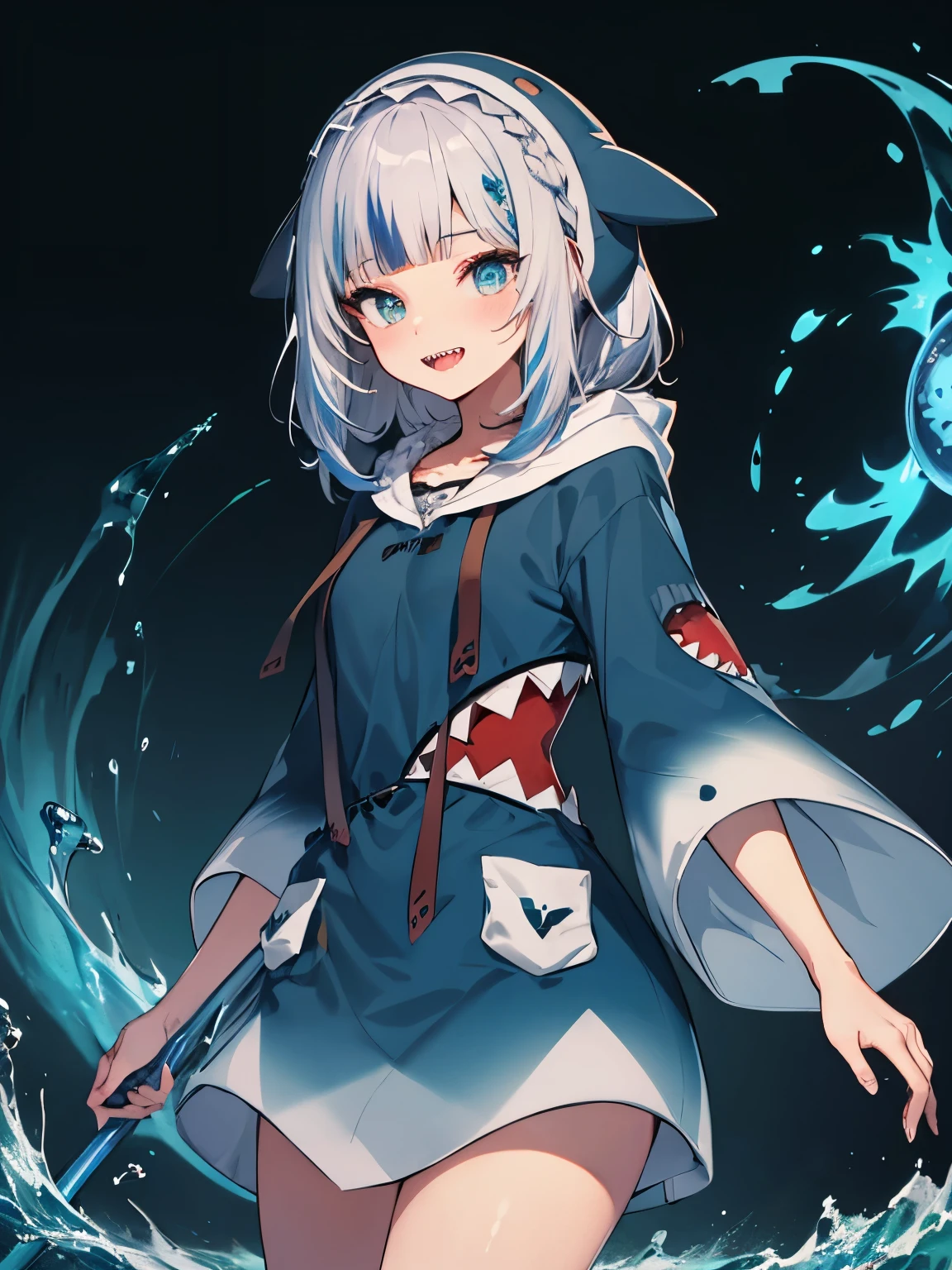 highest quality,wonderful,masterpiece,delicate,ultra high resolution,Super detailed,intricate details,beautiful,8K resolution,(Highly detailed CG Unity 8K wallpaper),sharp focus、anime、fiction、one woman、vivid hair、Shaggy hair、messy hair、vivid skin、Glossy skin、、lolita、short、young、kawaii、beautiful eyes、smile、gawr gura、sharp teeth, shark tail、blue hoodie, shark hood、Are standing、I can see the whole body、water magic、A large magic circle in the background、A spear larger than a woman's entire length、big three-pronged spear、