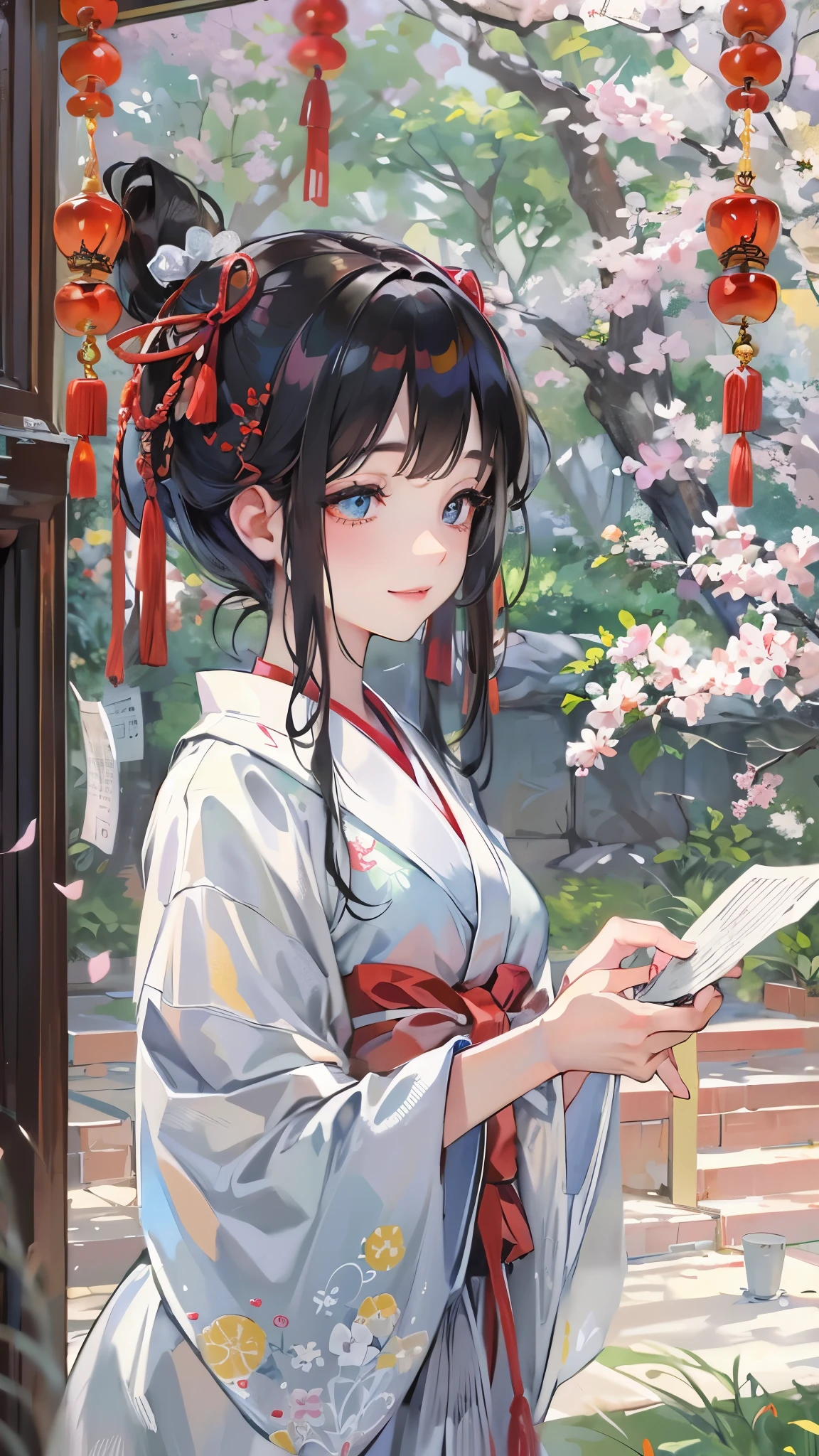 perfect anatomy, masterpiece:1.2, best quality, 8k, beautiful detailed grow, daydreaming expression, Dazaifu Tenmangu Shrine, A stream in a plum orchard, break, ((hand holding a paper, Write wish on a strip of paper)) solo:1.3 ((blunt bangs)) (black hair long hair immensely cute girl, , closed sexy eyes, smile), in a Shrine maiden costume.