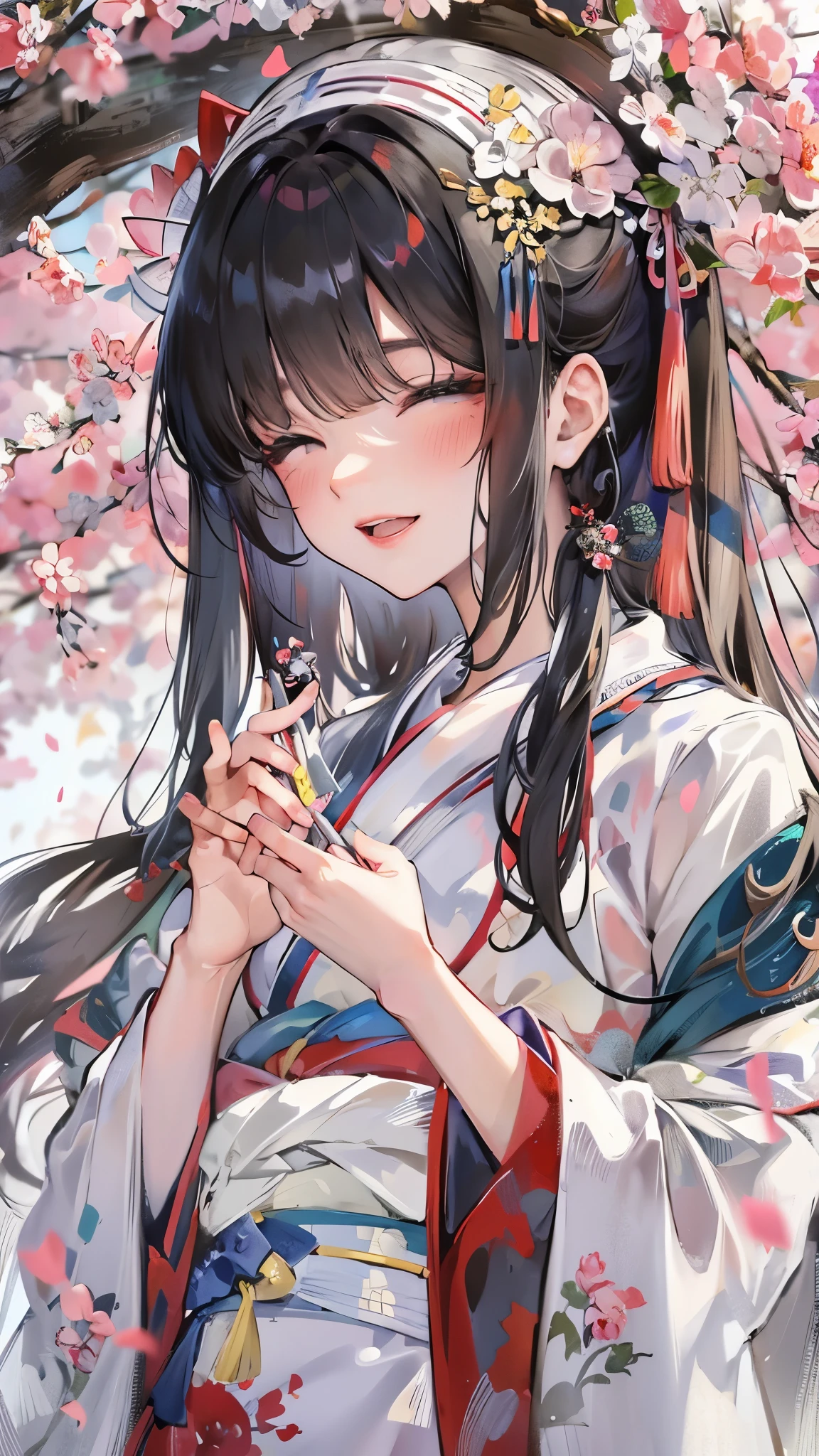 perfect anatomy, masterpiece:1.2, best quality, 8k, beautiful detailed grow, daydreaming expression, Dazaifu Tenmangu Shrine, A stream in a plum orchard, break, ((hand holding a paper, Write wish on a strip of paper)) solo:1.3 ((blunt bangs)) (black hair long hair immensely cute girl, , closed sexy eyes, smile), in a Shrine maiden costume.