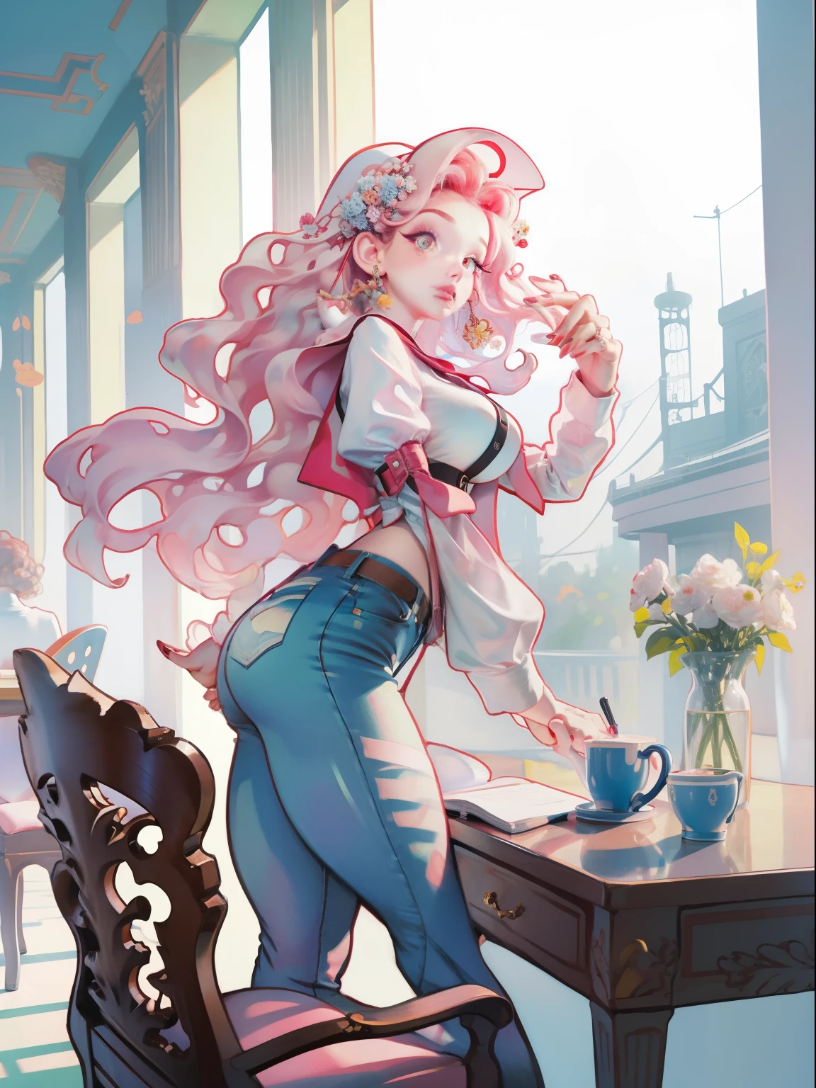 ((Best quality)), ((masterpiece)), (detailed), work of art, masterpiece, woman sitting on a chair and in a school environment, face with full lips, large hips and horizontal stomach, on her side, voluptuous and wide hips, two-color pink jacket in the middle and white sleeves, light blue jeans, book-style wavy hair with an angry face, full lips, feminine and cute, young adult girl.