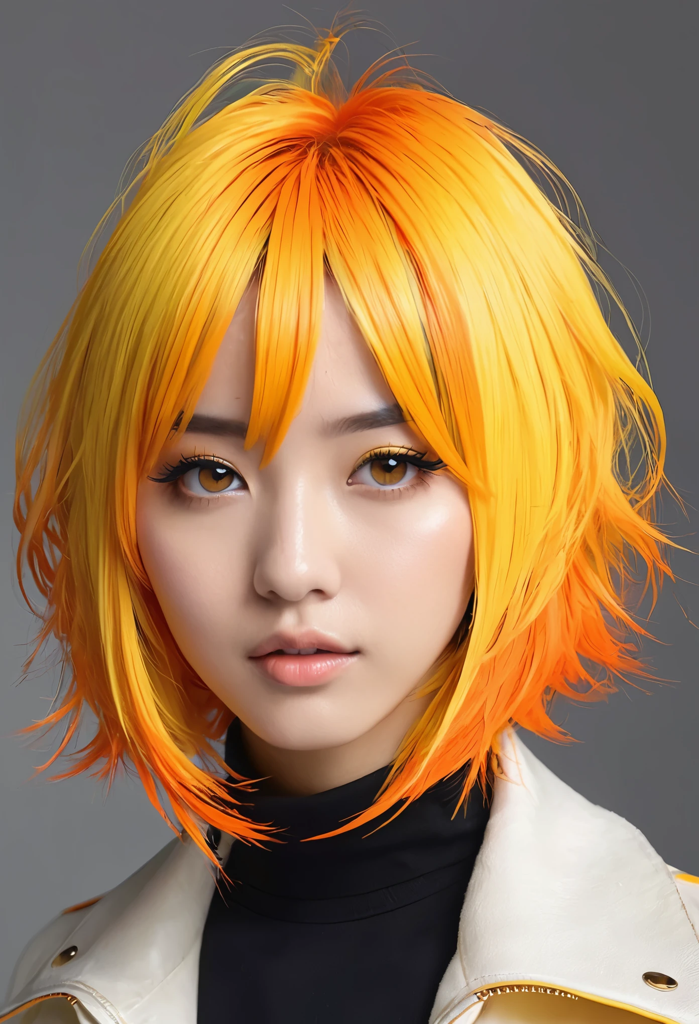 anime character, cabello corto de color amarillo y naranja, Cold look
