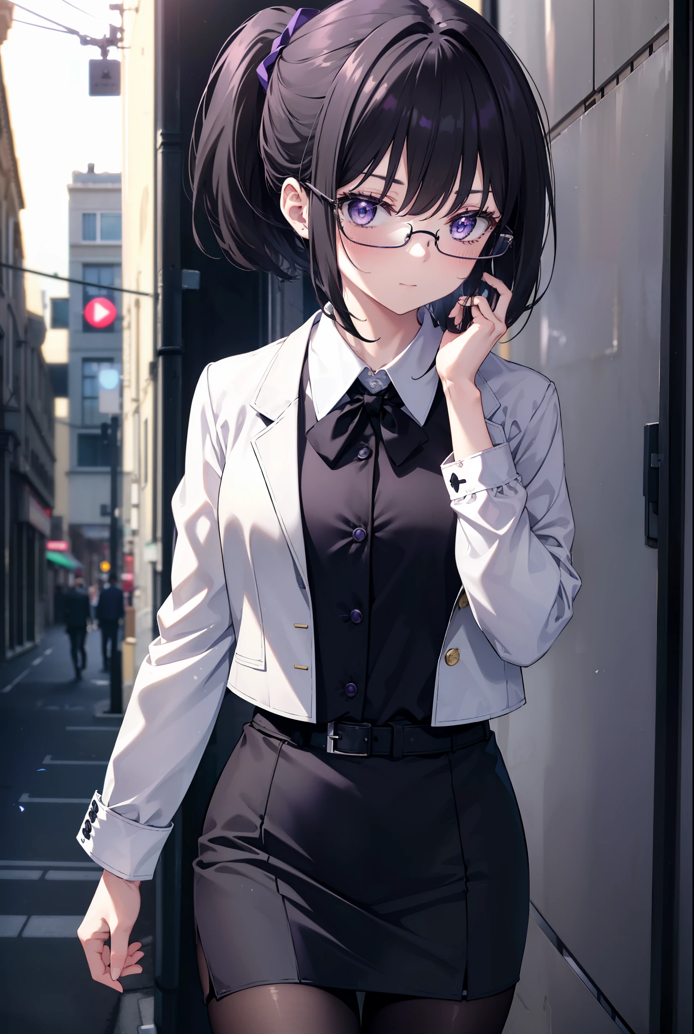 Takiuchi Kame, check it out, short hair, bangs, ponytail, black hair, (purple eyes:1.2),
OL, Black Abyss glasses, end, black suit jacket, collared jacket, white dress shirt, collared shirt, neckline, button, strap, ID card on neck, black pencil skirt, black pantyhose, smile, blush, stiletto heels,walking,noon,So that the whole body goes into the illustration,
break outdoors,In town,building street ,
break looking at viewer, (cowboy shot:1.5),
break (masterpiece:1.2), highest quality, High resolution, unity 8k wallpaper, (figure:0.8), (detailed and beautiful eyes:1.6), highly detailed face, perfect lighting, Very detailed CG, (perfect hands, perfect anatomy),