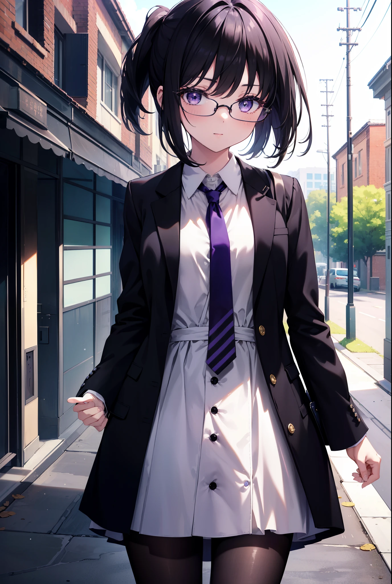 Takiuchi Kame, check it out, short hair, bangs, ponytail, black hair, (purple eyes:1.2),
OL, Black Abyss glasses, end, black suit jacket, collared jacket, white dress shirt, collared shirt, neckline, button, strap, ID card on neck, black pencil skirt, black pantyhose, smile, blush, stiletto heels,walking,noon,So that the whole body goes into the illustration,
break outdoors,In town,building street ,
break looking at viewer, (cowboy shot:1.5),
break (masterpiece:1.2), highest quality, High resolution, unity 8k wallpaper, (figure:0.8), (detailed and beautiful eyes:1.6), highly detailed face, perfect lighting, Very detailed CG, (perfect hands, perfect anatomy),