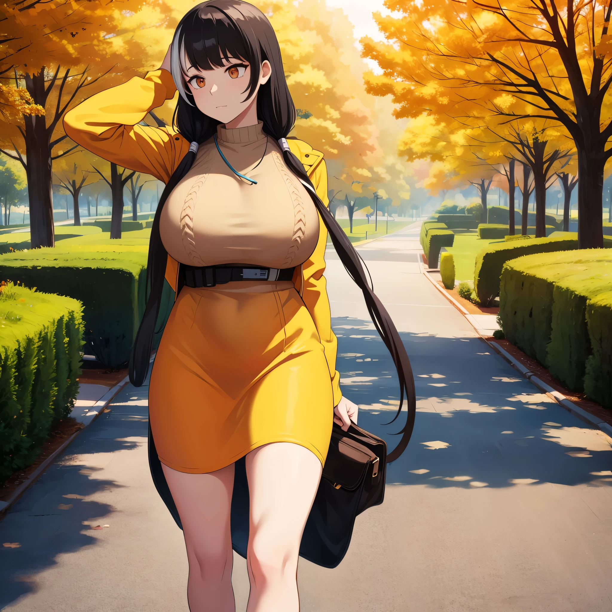 A woman in an orange dress, black hair, white bangs, big breasts, in an autumn themed park, artwork, ultra resolution, 4k.
