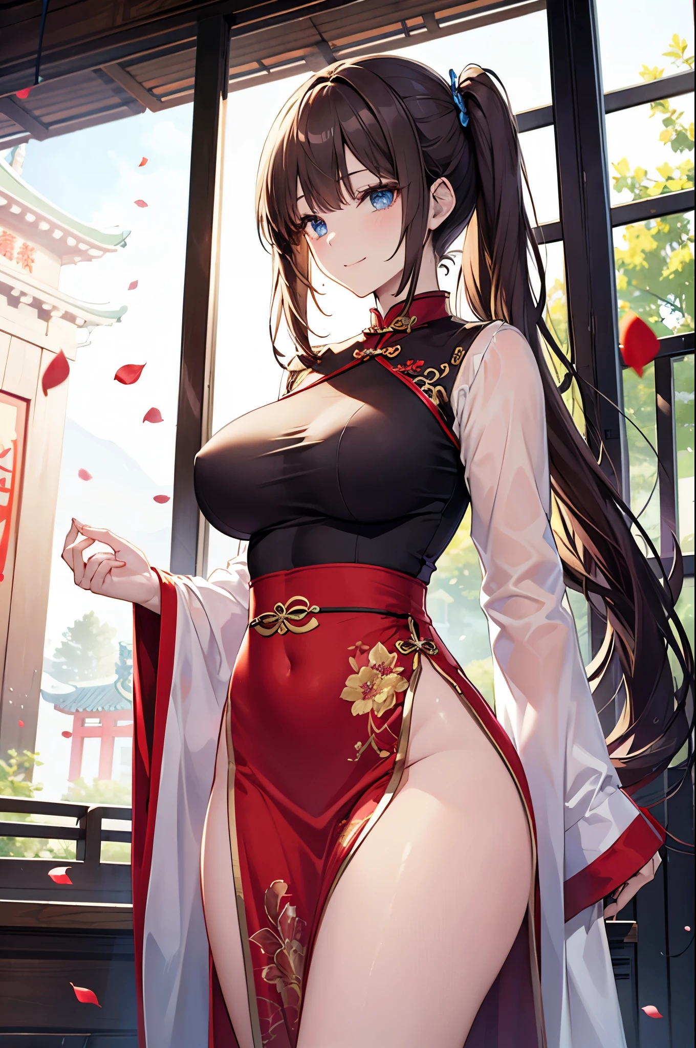 realistic image, coherent image, detailed image, 1 beautiful girl. She has brown hair, long hair, tied up with two pigtails. Blue eyes, long eyelashes. Her face is oval and delicate. Smiling. She wears a red Cheongsam, side slits. She has a curvy body, big breasts and thick thighs. Chinese temple, flower petals falling around. ambient light, volumetric light,