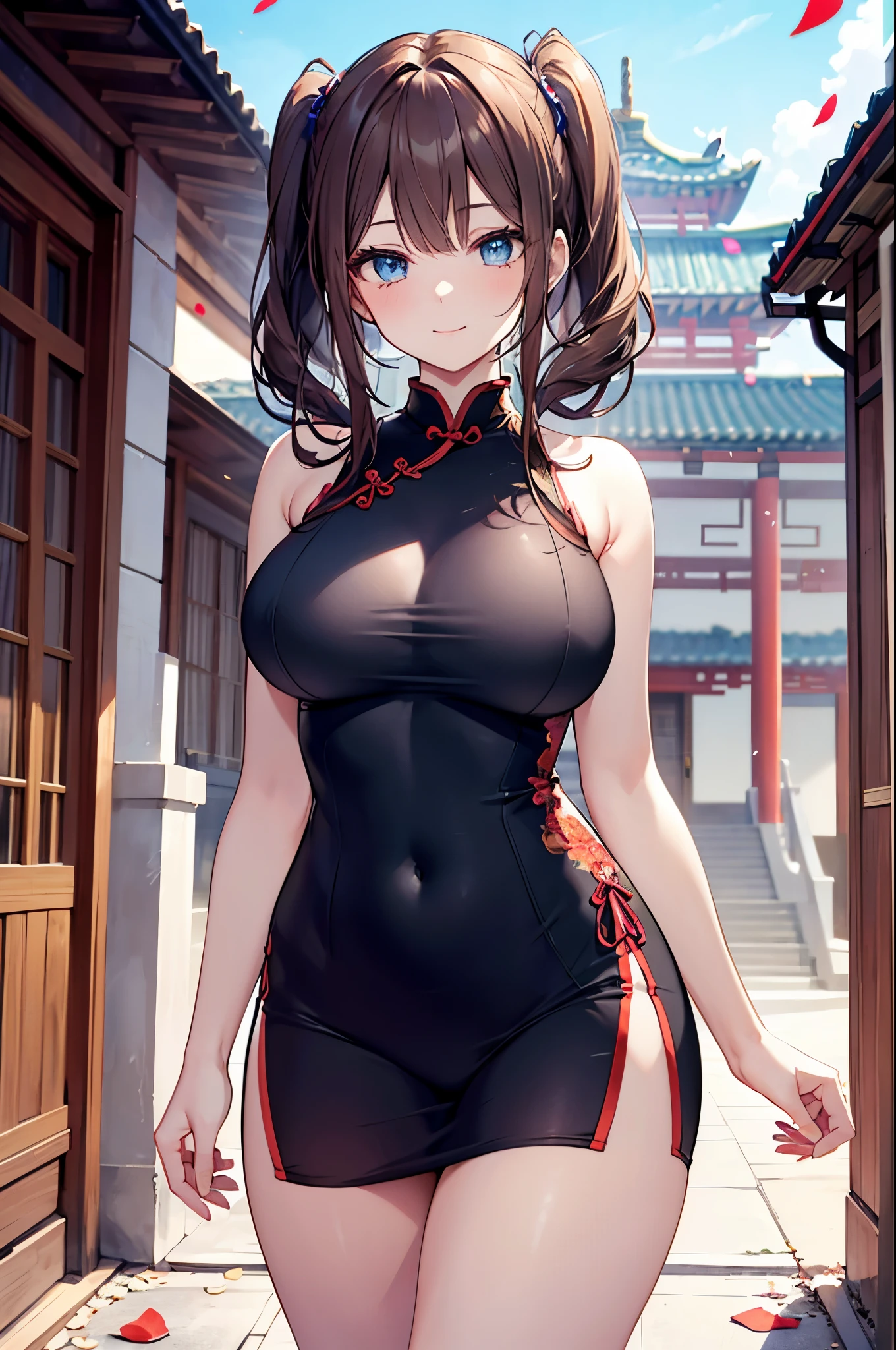 realistic image, coherent image, detailed image, 1 beautiful girl. She has brown hair, long hair, tied up with two pigtails. Blue eyes, long eyelashes. Her face is oval and delicate. Smiling. She wears a red Cheongsam, side slits. She has a curvy body, big breasts and thick thighs. Chinese temple, flower petals falling around. ambient light, volumetric light,