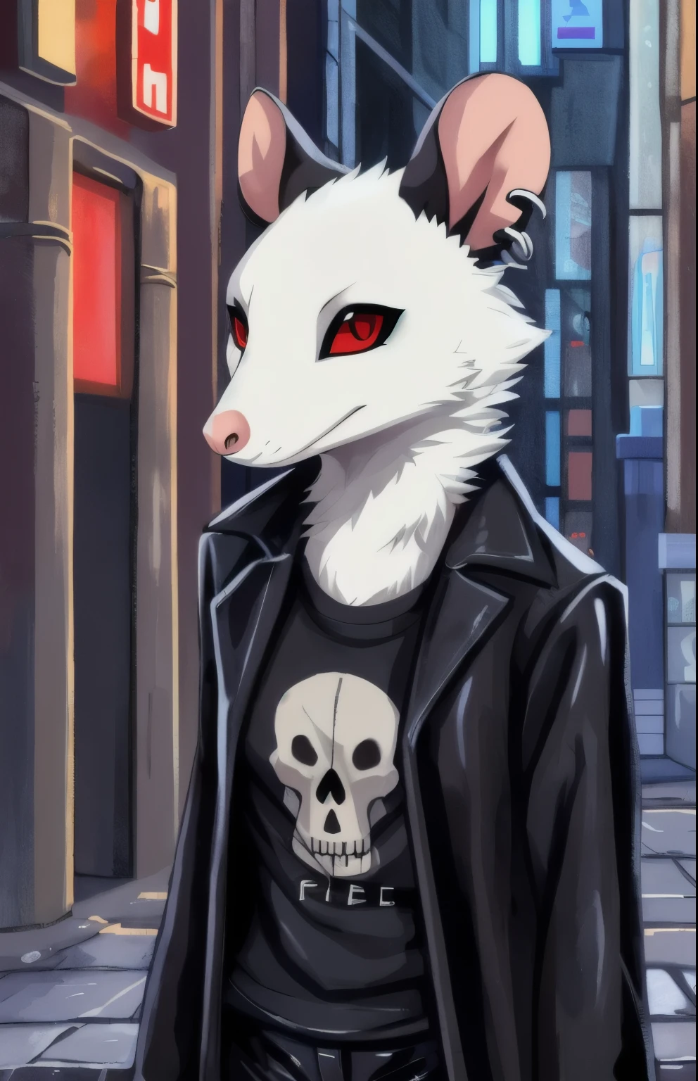 Stylized Anime artwork, 135mm+ focal length, furry, female, opossum, street, long black trench coat, skull-print t-shirt, leather pants, detailed digital acrylic painting, color graded, studio ghibli, highly detailed, red eyes, clear eyes, left ear piercing, two-tone fur, dark gray fur, withe fur
