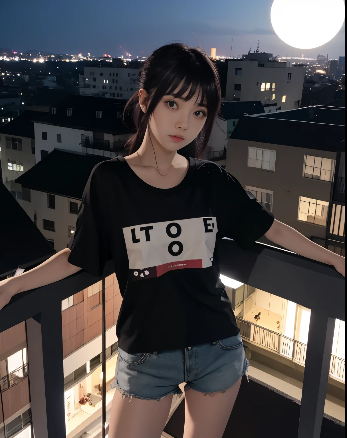 Hinata Hyuuga vestindo uma camiseta e shorts, fazendo uma pose sensual, vista de tras, cute ass, on the balcony at the top of a building overlooking the city at night