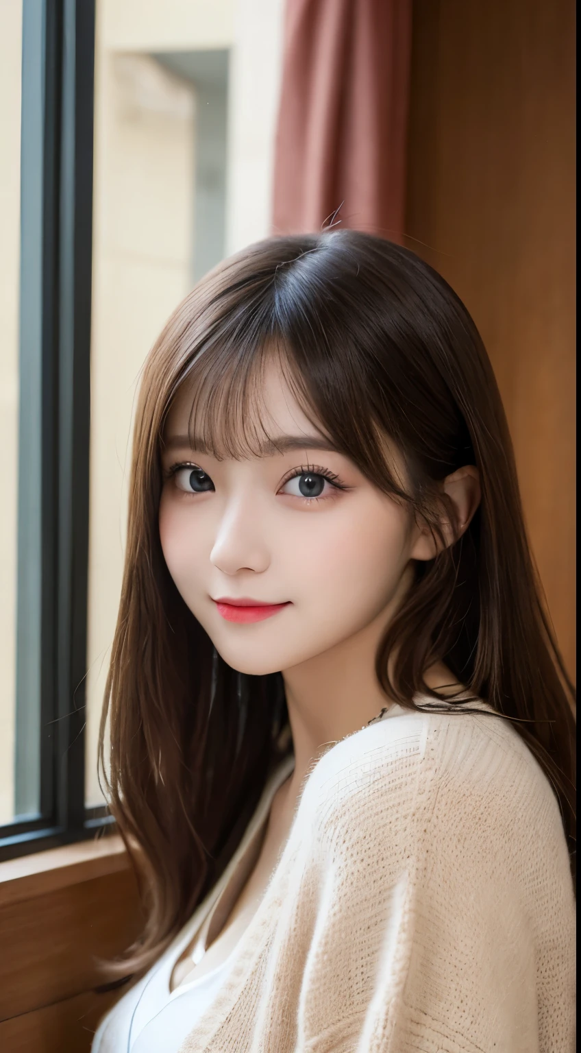 table top, highest quality, shape, Super detailed, finely, High resolution, 8k wallpaper, 完璧なダイナミックな構shape, beautiful and detailed eyes, small breasts, natural color lip, ランダムなsexy pose,smile,20 year old girl、Beautiful and dense face、perfect and beautiful face,Big eyes、real photos(best image quality),cute face、cute、cardigan(black)、shirt、pleated skirt、Blurred tower apartment living room background、sexy pose