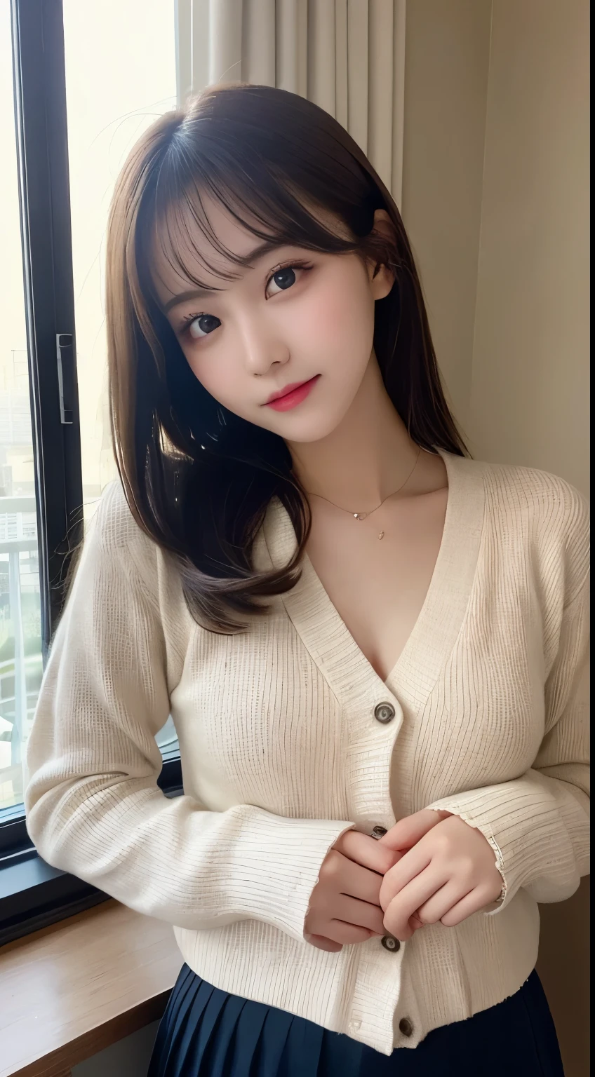 table top, highest quality, shape, Super detailed, finely, High resolution, 8k wallpaper, 完璧なダイナミックな構shape, beautiful and detailed eyes, small breasts, natural color lip, ランダムなsexy pose,smile,20 year old girl、Beautiful and dense face、perfect and beautiful face,Big eyes、real photos(best image quality),cute face、cute、cardigan(black)、shirt、pleated skirt、Blurred tower apartment living room background、sexy pose