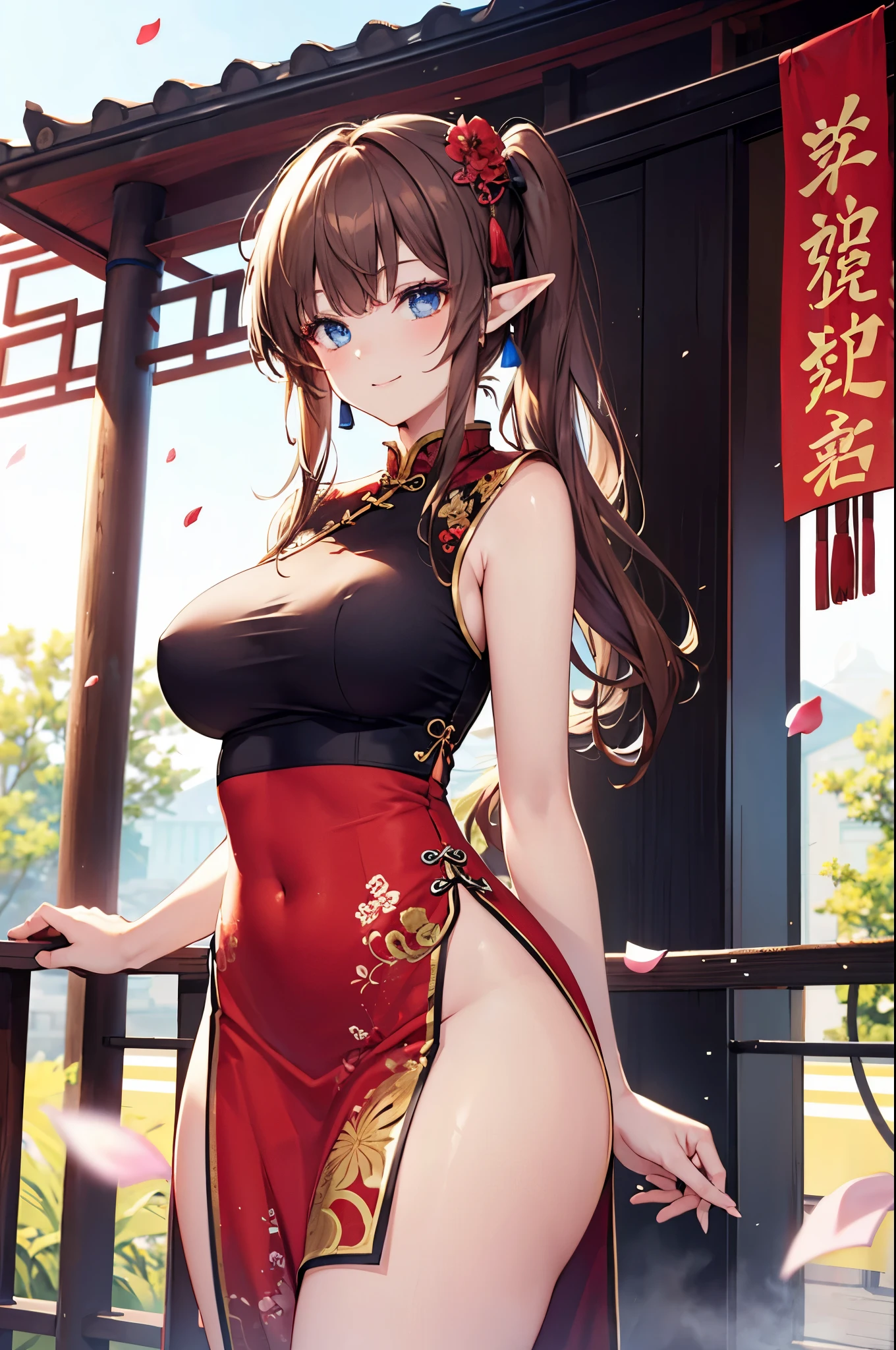 realistic image, coherent image, detailed image, 1 beautiful elf. She has brown hair, long hair, tied up with two pigtails. Blue eyes, long eyelashes. Her face is oval and delicate. Smiling. She wears a red Cheongsam, side slits. She has a curvy body, big breasts and thick thighs. Chinese temple, flower petals falling around. ambient light, volumetric light,