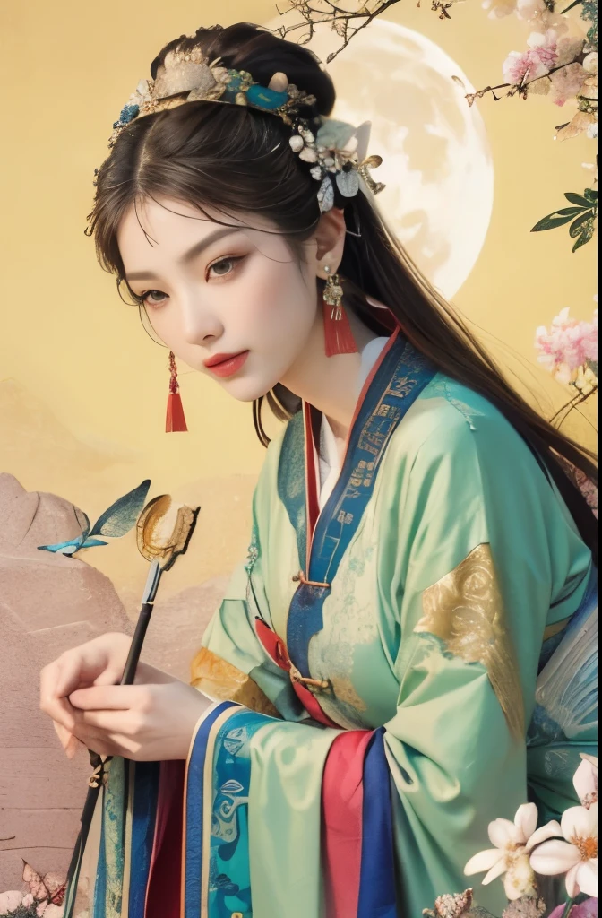 (masterpiece, top quality, best quality, official art, The face is beautiful and beautiful:1.2), (1 Chinese goddess,Chang'e fairy:1.5), Very detailed,(Dunhuang art:1.1),(Dunhuang is rich and colorful:1.1)(flowers:1.3),most detailed,(Chinese Dunhuang Painting:1.2), (Dynamic flight attitude,Foot on the white clouds), (Heavenly Palace, White clouds and bright moon background:1.3), (Chinese Hanfu embroidery fabric:1.2), (shiny skin), (Many colors:1.4), ,(earrings:1.4),