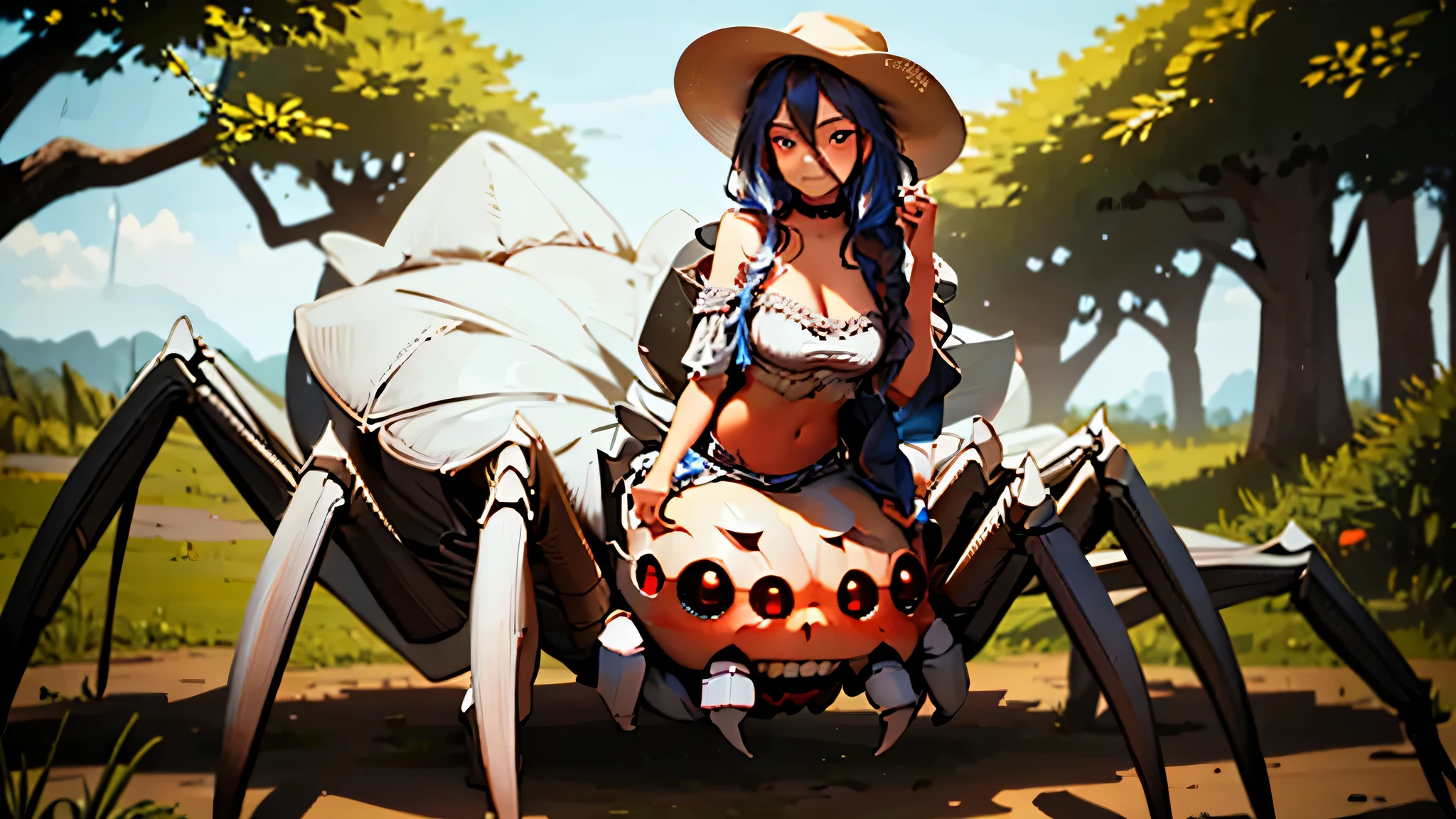 Brown Western Hat, face lighting, bright backlight, super high resolution, best quality, Photos, 1girl, hair between eyes, Arachne, long red hair, blue eyes, looking at viewer, western girl, cowgirl, spider girl, arthropod girl, solo, full body, monster girl, bangs, hair over shoulder, teeth, bare shoulders, choker, sidelocks, arthropod limbs, forest saloon, Western Costumes, Brown pants, woman western, spider legs coming out of back, spider fused with girl, spider legs behind her, spider limbs, spider limbs behind back