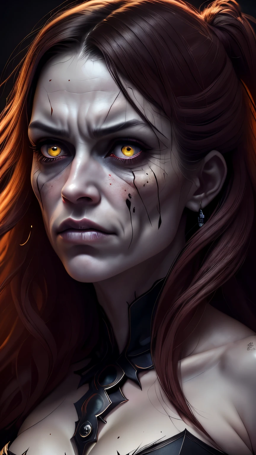 (best quality,ultra-detailed,realistic:1.37),horror,portrait,ugly woman,rough skin,protruding nose,big mouth,snaggletooth,yellow teeth,horrifying expression,hair disheveled,haunted eyes,dark circles under eyes,distorted face,worn-out clothes,dark and gloomy atmosphere,vivid colors,sharp focus,low-key lighting,sinister background,unpleasant aura