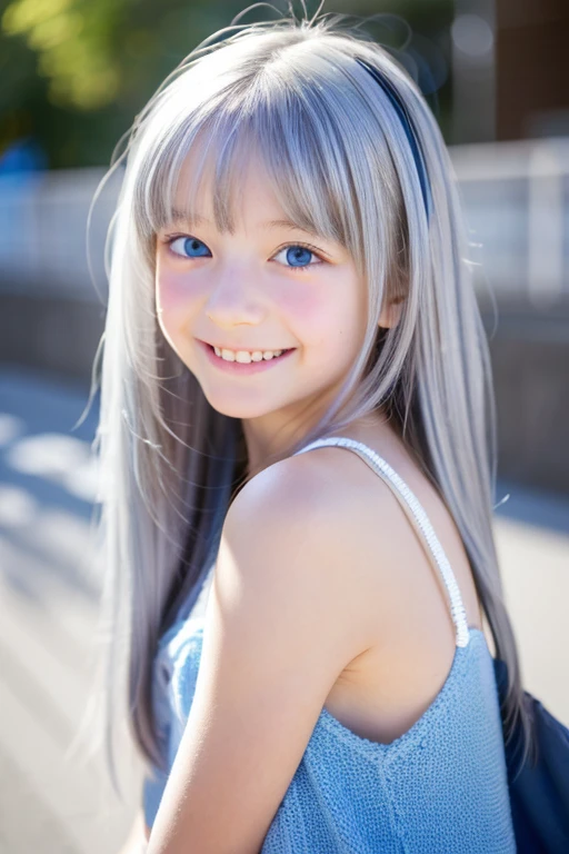 girl, long silver hair, blue eyes, smile, 3rd grade elementary school student, small breasts, white skin, anime