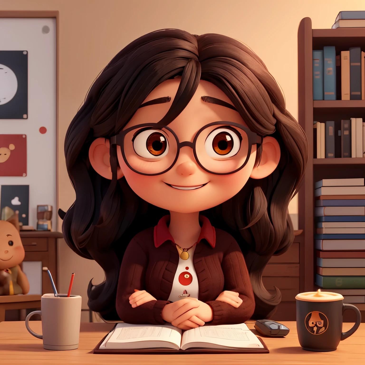 A woman, chubby. Round face. Small nose. Black, wavy, long hair without bangs. Dark brown eyes. Red square glasses. Golden gift in pentagon. With a very happy smile, black pants, red knitted blouse. loose. With library image background. With books beside. Drinking coffee from a cup in his left hand