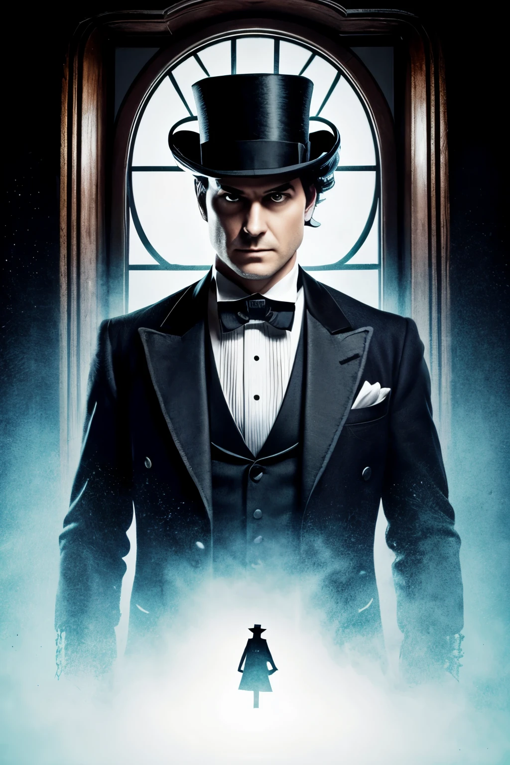 A suspenseful, cinematic image of Jack from the box, now in his full form, standing ominously outside an old, creepy house. The house's windows glow with an eerie, yellow light, casting long, ominous shadows on the ground. The silhouette of a person, trembling in fear, can be seen through one of the windows.
Jack, dressed in a tailcoat and top hat, is holding a large, ornate knife with a wicked curve, his eyes fixed on the house with a determined look. The knife glints in the moonlight, reflecting an ominous red glow. Blood seeps through the floorboards, spreading in a dark