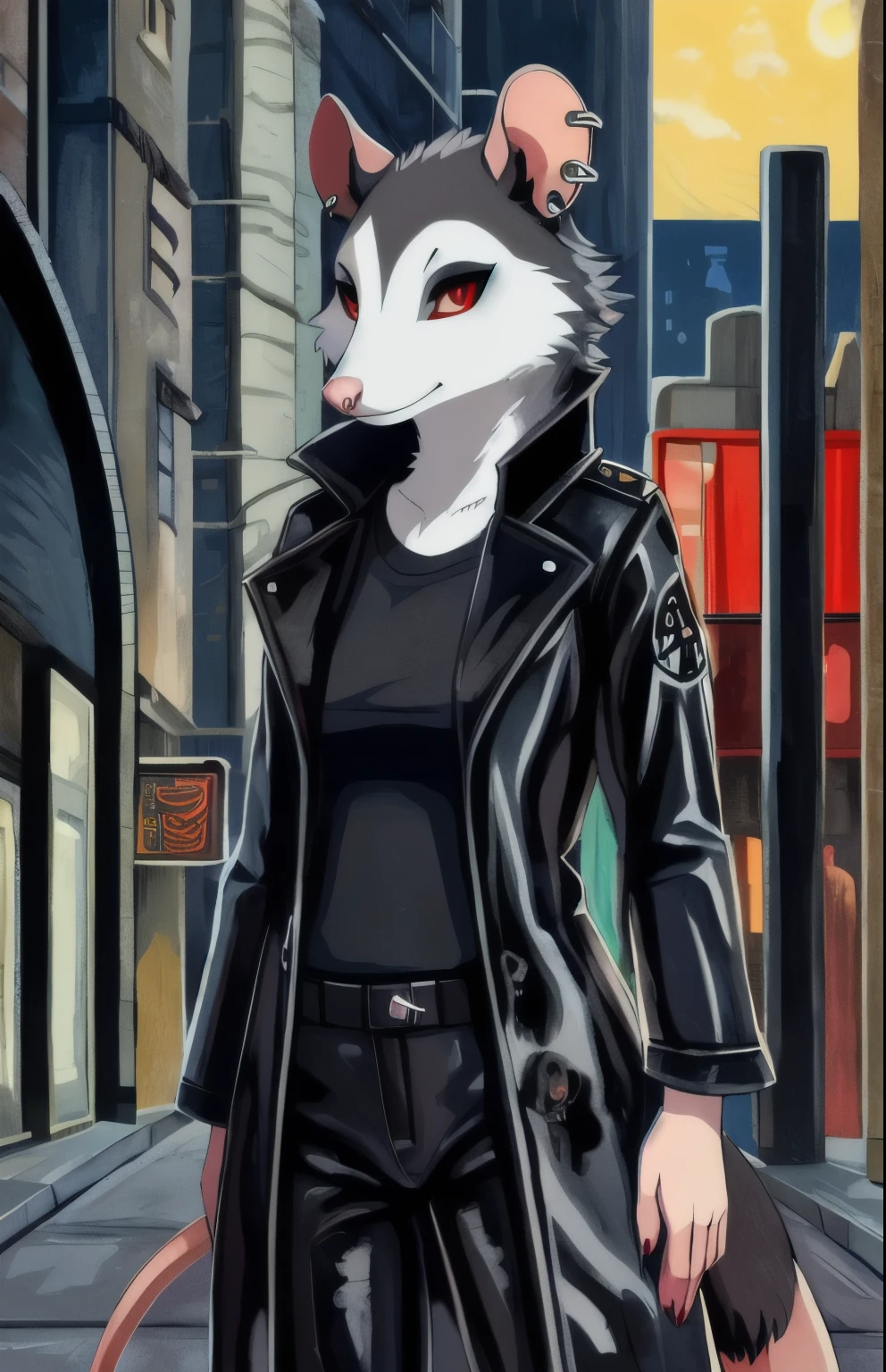 Stylized Anime artwork, 135mm+ focal length, furry, female, opossum, street, long black trench coat, skull-print t-shirt, leather pants, detailed digital acrylic painting, color graded, studio ghibli, highly detailed, red eyes, clear eyes, left ear piercing, two-tone fur, dark gray fur, withe fur