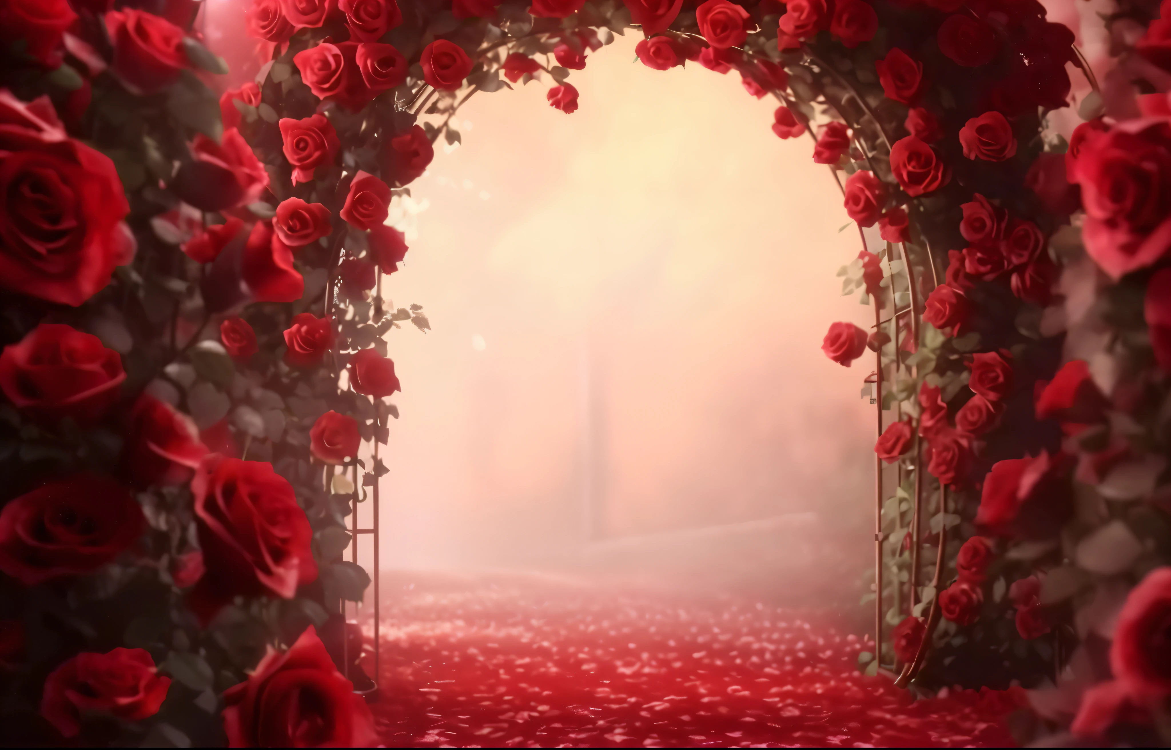 a close up of a tunnel with Red roses on the ground, portal made of roses, In the red dream world, Unreal Engine ; romantic theme, Red roses, The sky is filled with the scent of red flowers, romantic themed, Stunning mysterious background, exploding rose, Rose background, beautiful background, Falling red petals, red mood in background, Art style, Red rose