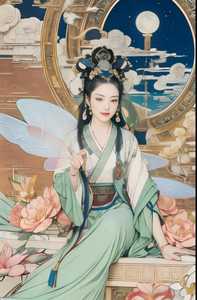 (masterpiece, top quality, best quality, official art, The face is beautiful and beautiful:1.2), (1 Chinese goddess,Chang'e fairy:1.5), Very detailed,(Dunhuang art:1.1),(Dunhuang is rich and colorful:1.1)(flowers:1.3),most detailed,(Chinese painting:1.2), (Dynamic flight attitude,Foot on the white clouds), (Heavenly Palace, White clouds and bright moon background:1.3), (Chinese Hanfu embroidery fabric:1.2), (shiny skin), (Many colors:1.4), ,(earrings:1.4),