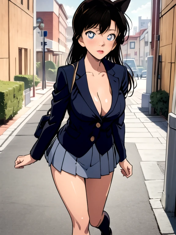 Breasts Sucking(sharp outline)、,big breasts、uniform blazer、uniform mini skirt、loafers、student bag,cleavage