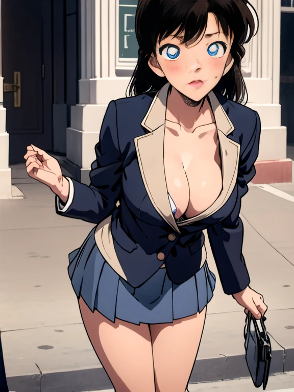 Breasts Sucking(sharp outline)、,big breasts、uniform blazer、uniform mini skirt、loafers、student bag,cleavage