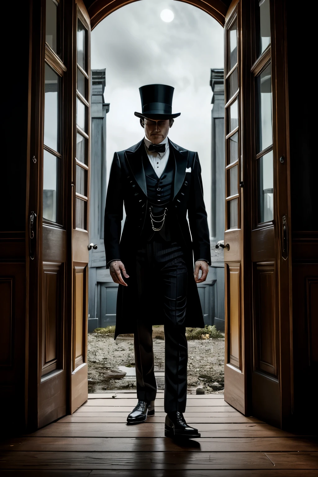 A suspenseful, cinematic image of Jack from the box, now in his full form, standing ominously outside an old, creepy house. The house's windows glow with an eerie, yellow light, casting long, ominous shadows on the ground. The silhouette of a person, trembling in fear, can be seen through one of the windows.
Jack, dressed in a tailcoat and top hat, is holding a large, ornate knife with a wicked curve, his eyes fixed on the house with a determined look. The knife glints in the moonlight, reflecting an ominous red glow. Blood seeps through the floorboards, spreading in a dark