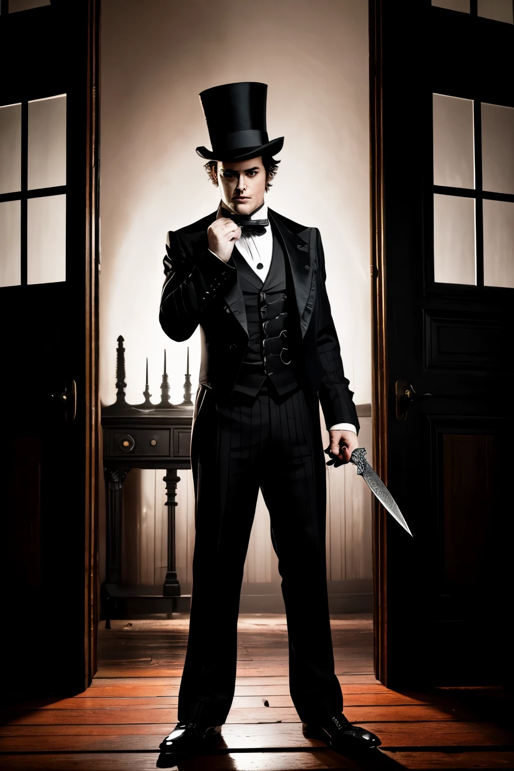 A suspenseful, cinematic image of Jack from the box, now in his full form, standing ominously outside an old, creepy house. The house's windows glow with an eerie, yellow light, casting long, ominous shadows on the ground. The silhouette of a person, trembling in fear, can be seen through one of the windows.
Jack, dressed in a tailcoat and top hat, is holding a large, ornate knife with a wicked curve, his eyes fixed on the house with a determined look. The knife glints in the moonlight, reflecting an ominous red glow. Blood seeps through the floorboards, spreading in a dark