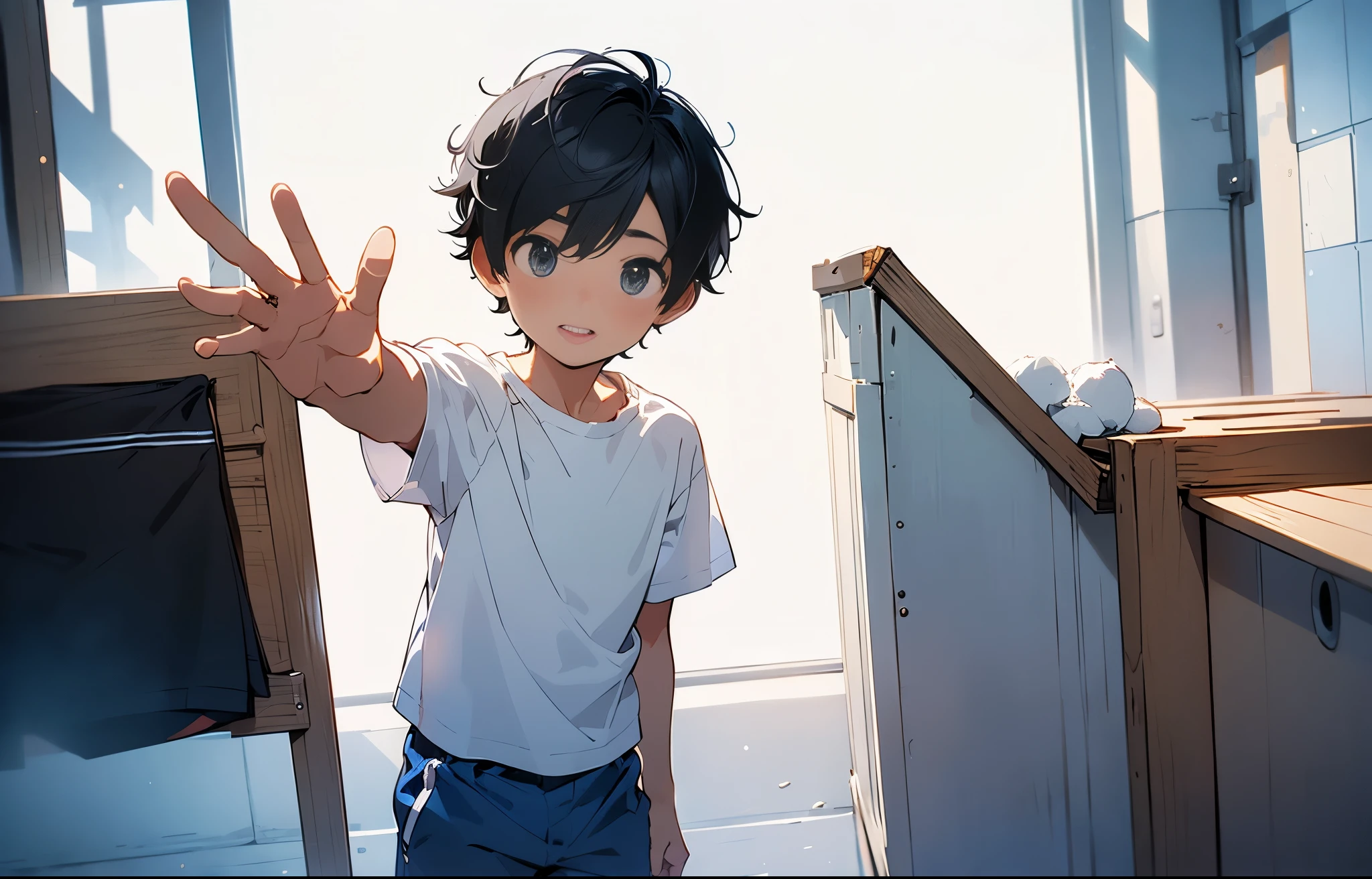 Public toilets,Embarrassing,Are standing,black eye,1 ,Little Boy(6 years old),2 block short,Black Hair,blush,Black Shirt,Beige shorts,Grey shoes,summer,From below,Cowboy Shot,Please open your mouth wide,shy,Embarrassing,surprised