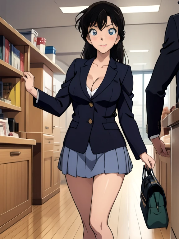 anime drawing、official art、masterpiece、high resolution、8k、Real 3DCG、Breasts Sucking(sharp outline)、,big breasts、uniform blazer、uniform mini skirt、loafers、student bag,cleavage