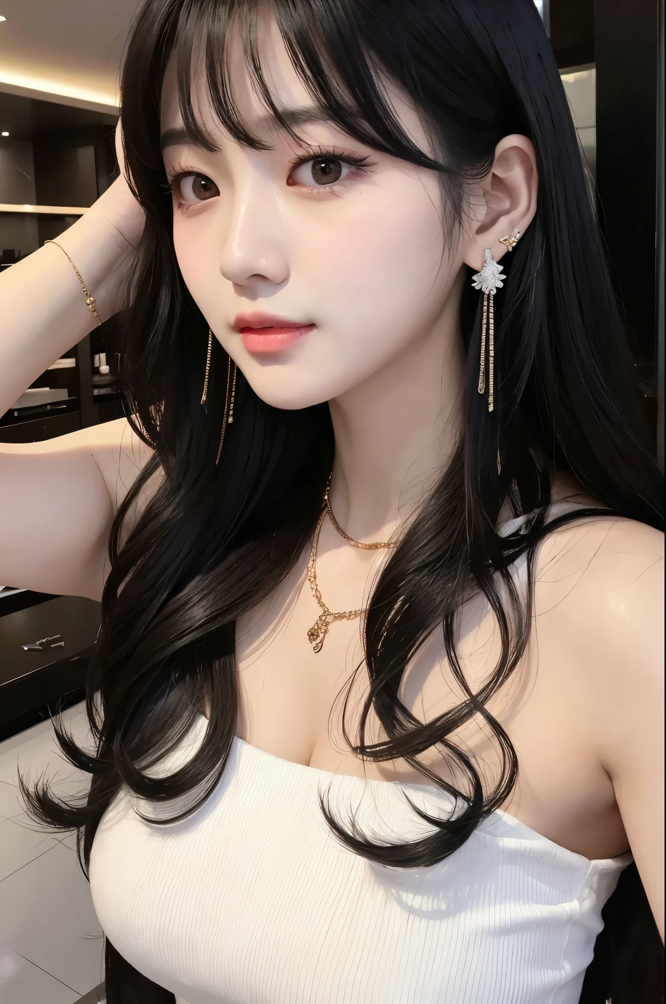 One korean girl, long wavy black hair, black eyes, big breasts, pale skin, bangs, soft makeup, shic white short dress, at political party, detailed dress, earrings and necklace