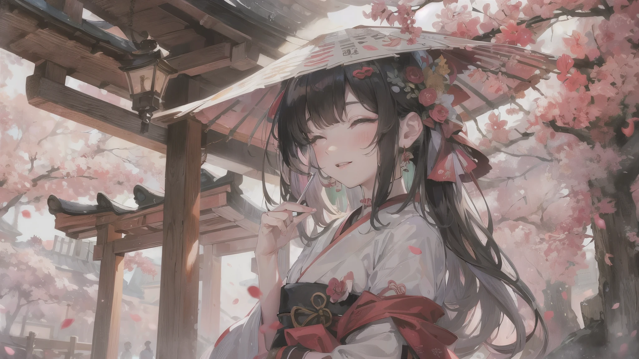 perfect anatomy, masterpiece:1.2, best quality, 8k, beautiful detailed grow, daydreaming expression, Dazaifu Tenmangu Shrine, A stream in a plum orchard, break, ((hand holding a paper, Write wish on a strip of paper)) solo:1.3 ((blunt bangs)) (black hair long hair immensely cute girl, , closed sexy eyes, smile), in a Shrine maiden costume.