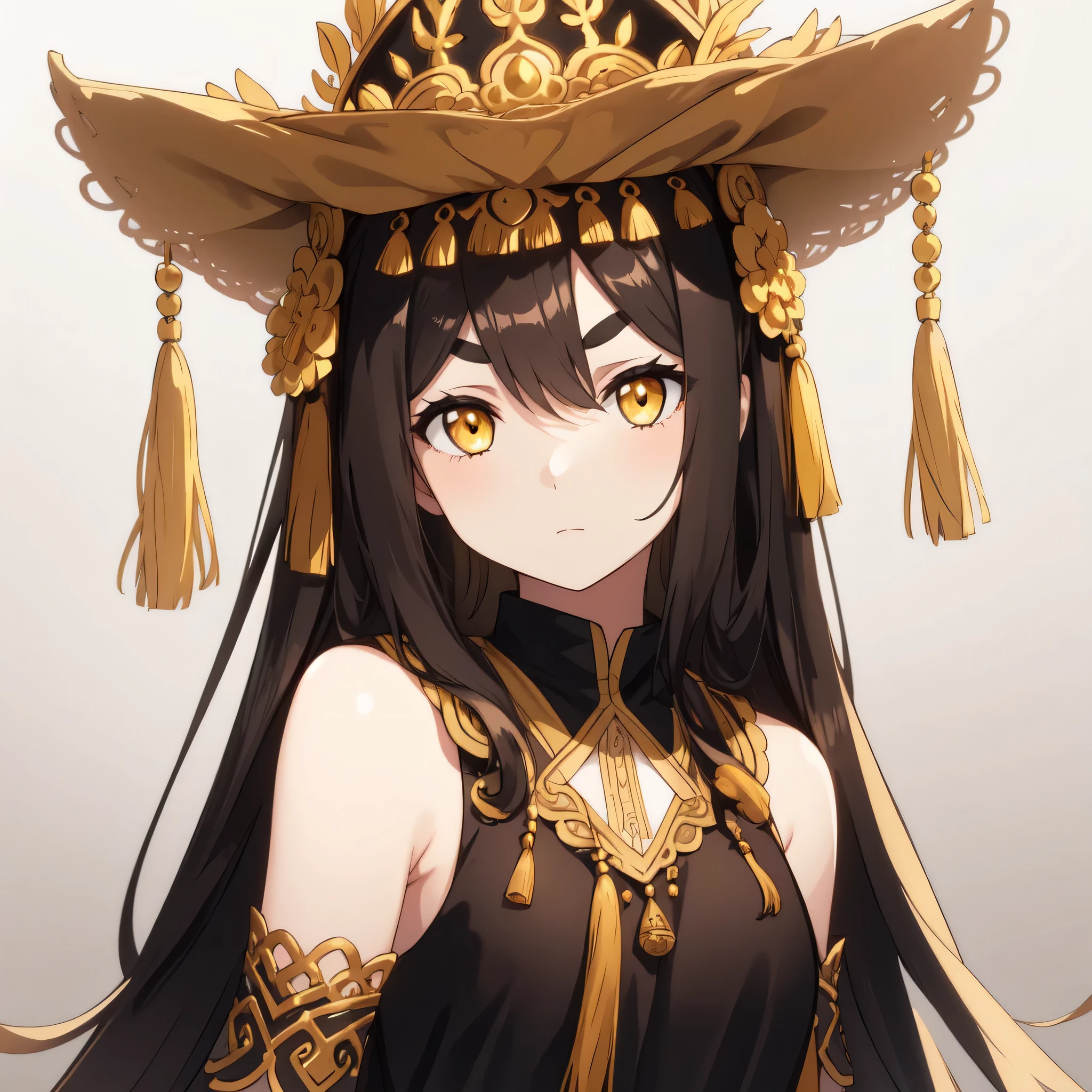 1girl, sepia background, upper body, pale skin, yellow eyes, long hair, thick eyebrows, headdress, sleeveless shirt, expressionless, tassel