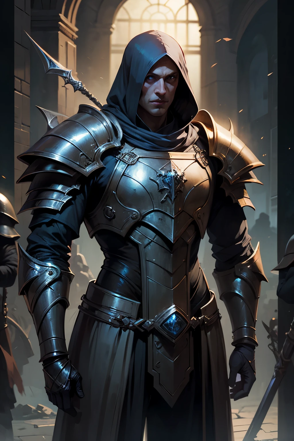 um homem inquisidor, que usa uma espada longa em forma de cruz, Dungeons and Dragons, full armor