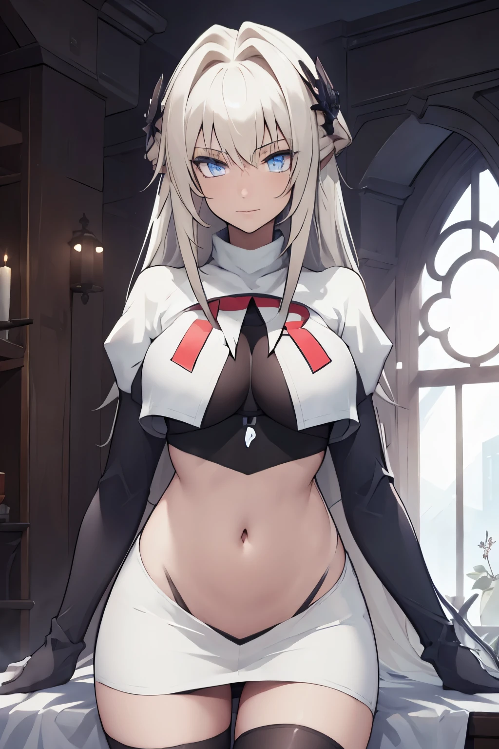 biancapgr_snpe, hair ornament, mole under eye, (blue eyes:1.1), team rocket, team rocket uniform, white skirt, red letter R, crop top, black thigh-highs, black elbow gloves, BREAK cowboy shot, looking at viewer, BREAK (masterpiece:1.2), best quality, high resolution, unity 8k wallpaper, (illustration:0.8), (beautiful detailed eyes:1.6), extremely detailed face, perfect lighting, extremely detailed CG, (perfect hands, perfect anatomy), sexy pose,
