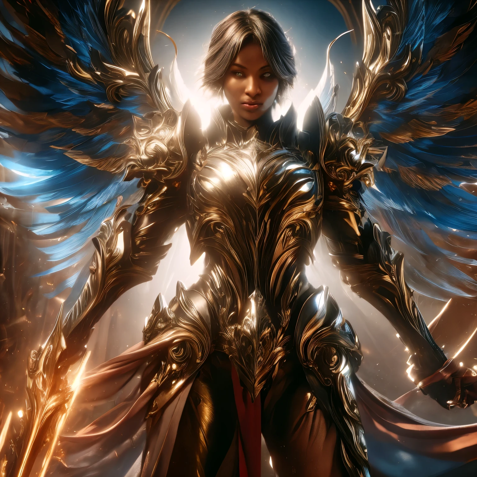 Dark skin WINGED WOMAN, SAINT WOMAN, Silver short HAIR, HUGE BROWN FEATHERS, GOLD BODY ARMOUR, LONG BLUE BODYSUIT, PALE SKIN, BLUE EYES, LIGHTING EYES, ROSY CHEEKS, MENTAL FORAMEN, ATHLETIC BODY, LUMINOUS BODY AURA, MUSCLES, LIGHTING AURA, GOLD BRACELETS, GOLD GAUNTLETS, BACKLIGHTS, SUN, RIVER, SAINT WOMAN, SIDE BODY VIEW, ANGEL FROM HEAVEN