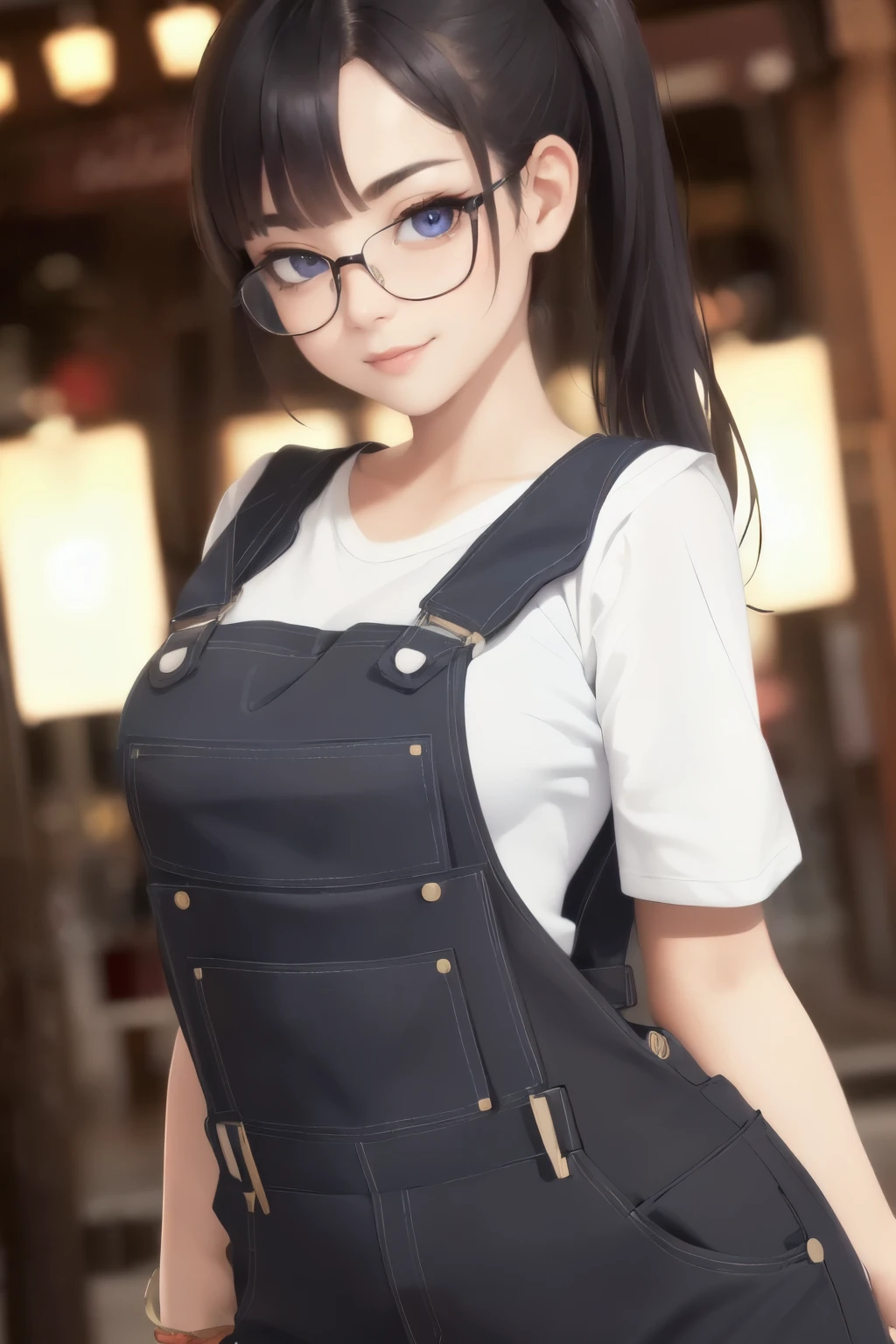 ((best quality)), ((masterpiece)), (detailed), perfect face, ((wide angle)), beautiful female tourist, black hair in a ponytail, bangs, wearing large glasses, smirk, shoulder. Camera, ((provocatively large dungareeorning light, Phuket city scene