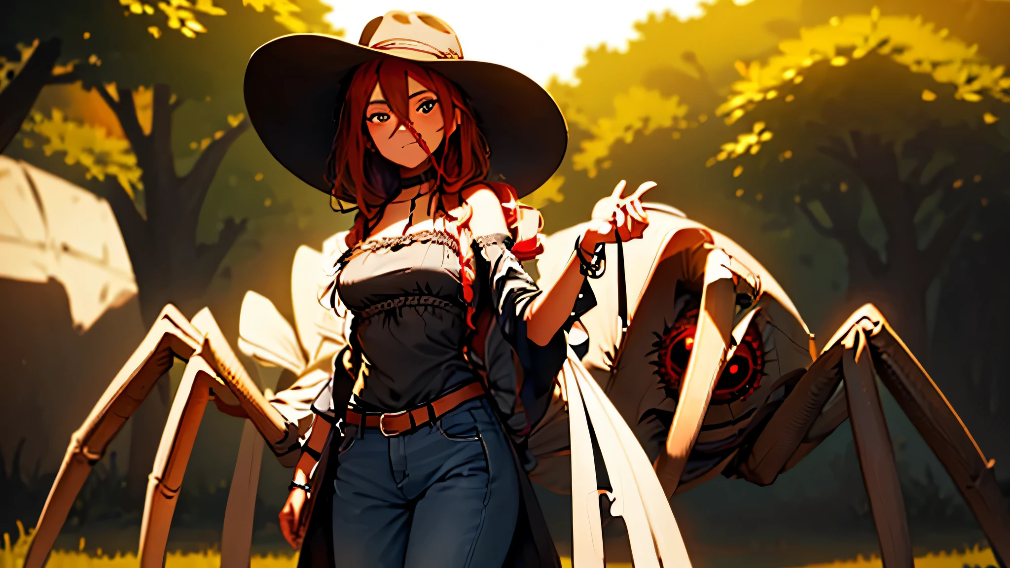 Brown Western Hat, face lighting, bright backlight, super high resolution, best quality, Photos, 1girl, hair between eyes, Arachne, long red hair, blue eyes, looking at viewer, western girl, cowgirl, spider girl, arthropod girl, solo, full body, monster girl, bangs, hair over shoulder, teeth, bare shoulders, choker, sidelocks, arthropod limbs, forest saloon, Western Costumes, Brown pants, woman western, spider legs coming out of back, spider fused with girl, spider legs behind her, spider limbs, spider limbs behind back