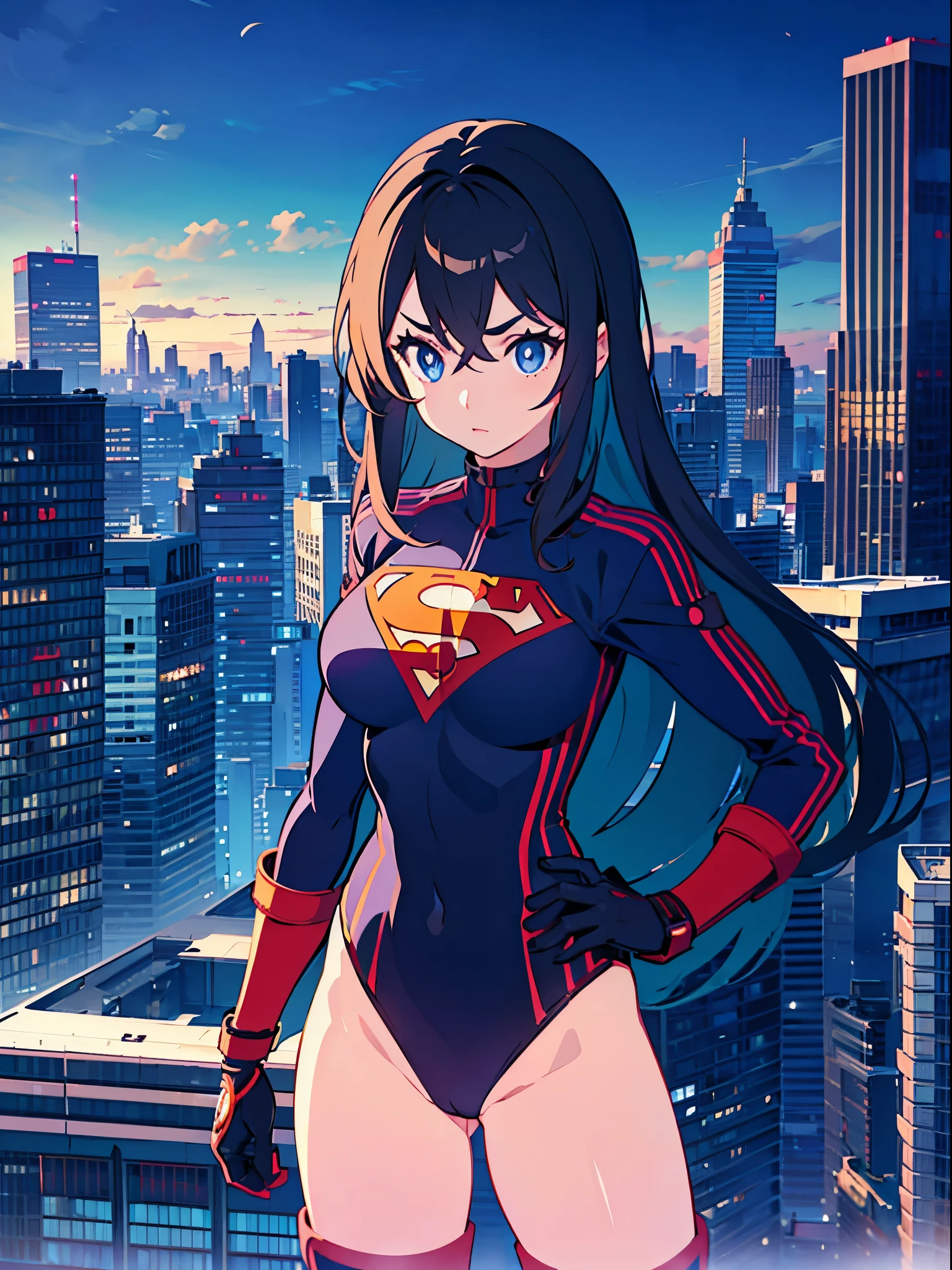 1girl, medium breasts, gymnast_outfit leotard, bare legs, tight belt, boots, gloves, city backdrop, solo, single, hands on hip, standing straight, full body shot, cowboy shot, superhero, big eyes, beautiful detailed eyes, ((superpower))