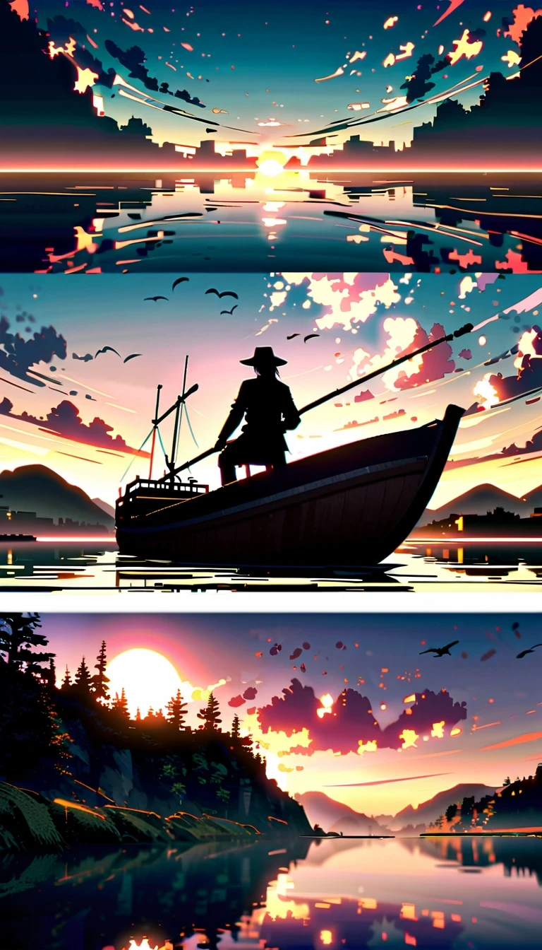 In this anime scene，A Chinese swordsman sits on the bow of an ancient ship，He wears black armor and hat，head resting on one arm。The huge sun in the sky shines brightly，The clouds show a gradient of lavender and white，Create a spectacular sunset scene。The boat sails slowly on the calm water，Buildings in the distance are illuminated by the setting sun，Adds a sense of mystery。Birds soar through the air，Add movement to the picture。The overall atmosphere is peaceful and mysterious，Be one with nature、with artistic elements，Presenting scenes that are both real and surreal。close-up composition，Character and ship alignment，depth of field。