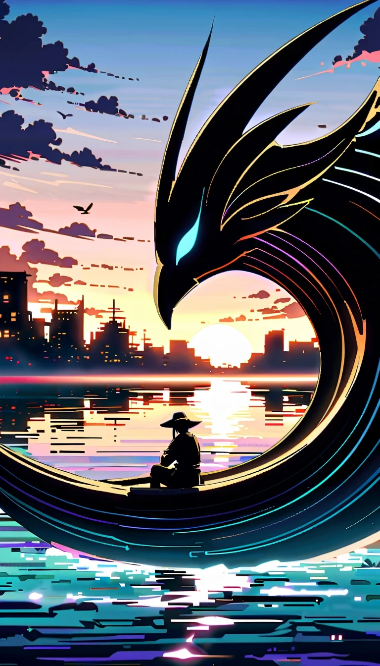 In this anime scene，A Chinese swordsman sits on the bow of an ancient ship，He wears black armor and hat，head resting on one arm。The huge sun in the sky shines brightly，The clouds show a gradient of lavender and white，Create a spectacular sunset scene。The boat sails slowly on the calm water，Buildings in the distance are illuminated by the setting sun，Adds a sense of mystery。Birds soar through the air，Add movement to the picture。The overall atmosphere is peaceful and mysterious，Be one with nature、with artistic elements，Presenting scenes that are both real and surreal。close-up composition，Character and ship alignment，depth of field。