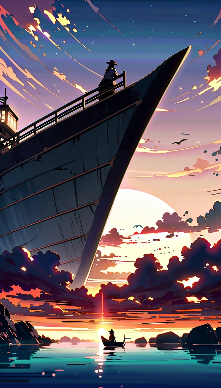 In this anime scene,A Chinese swordsman sits on the bow of an ancient ship,He wears black armor and hat,head resting on one arm。The huge sun in the sky shines brightly,The clouds show a gradient of lavender and white,Create a spectacular sunset scene。The boat sails slowly on the calm water,Buildings in the distance are illuminated by the setting sun,Adds a sense of mystery。Birds soar through the air,Add movement to the picture。The overall atmosphere is peaceful and mysterious,Be one with nature、with artistic elements,Presenting scenes that are both real and surreal。close-up composition,Character and ship alignment,depth of field。