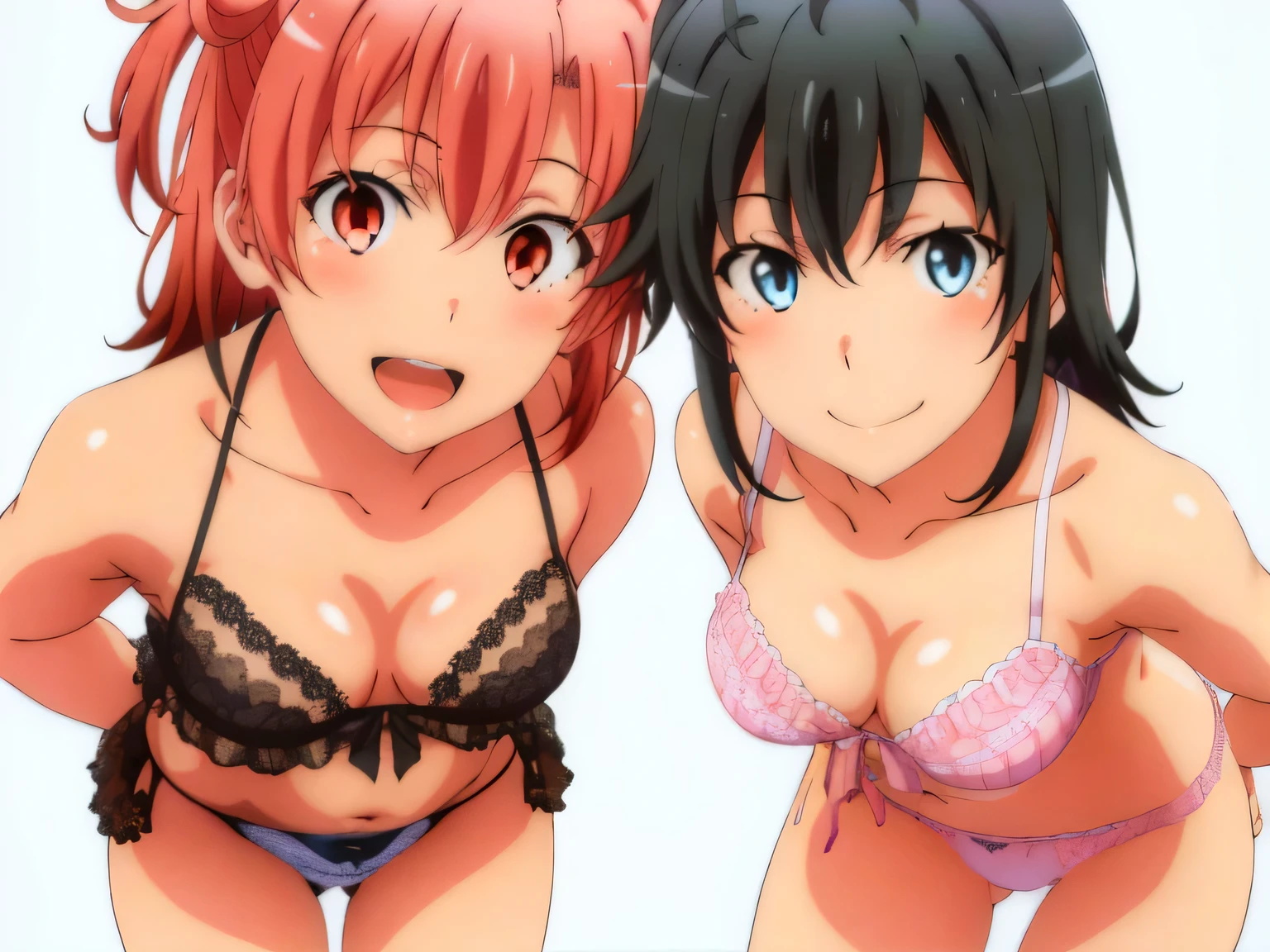 2 girls , (yuigahama yui'bust and thighs are great),(Yukinoshita Yukino),,In underwear,they have their hands behind their backs,good,belly button,,(white panties),(pink panties),The line of the pussy,(thighs),knees,((high angle)),(beautiful eyes),look at the camera,open your mouth,smile,Insert your head