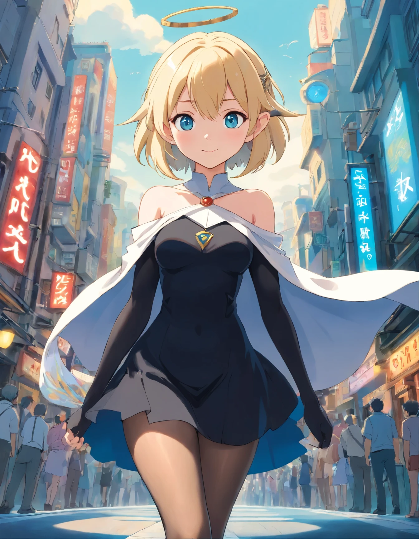 1girl,solo,cute face, blonde hair,blue eye,hair over one eye,hairy elf ears,bare shoulders,black skinny dress,black pantyhose,white cape, white waist skirt,light smile,black tattoo under the eye,futuristic city background, depth of field,ultra-detailed,sharp focus,aesthetic,(best quality)