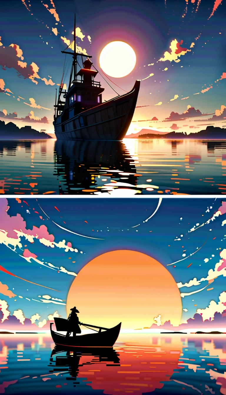 In this anime scene,A Chinese swordsman sits on the bow of an ancient ship,He wears black armor and hat,head resting on one arm。The huge sun in the sky shines brightly,The clouds show a gradient of lavender and white,Create a spectacular sunset scene。The boat sails slowly on the calm water,Buildings in the distance are illuminated by the setting sun,Adds a sense of mystery。Birds soar through the air,Add movement to the picture。The overall atmosphere is peaceful and mysterious,Be one with nature、with artistic elements,Presenting scenes that are both real and surreal。close-up composition,Character and ship alignment,depth of field。
