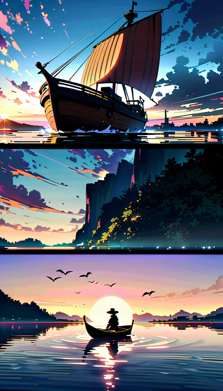 In this anime scene，A Chinese swordsman sits on the bow of an ancient ship，He wears black armor and hat，head resting on one arm。The huge sun in the sky shines brightly，The clouds show a gradient of lavender and white，Create a spectacular sunset scene。The boat sails slowly on the calm water，Buildings in the distance are illuminated by the setting sun，Adds a sense of mystery。Birds soar through the air，Add movement to the picture。The overall atmosphere is peaceful and mysterious，Be one with nature、with artistic elements，Presenting scenes that are both real and surreal。close-up composition，Character and ship alignment，depth of field。