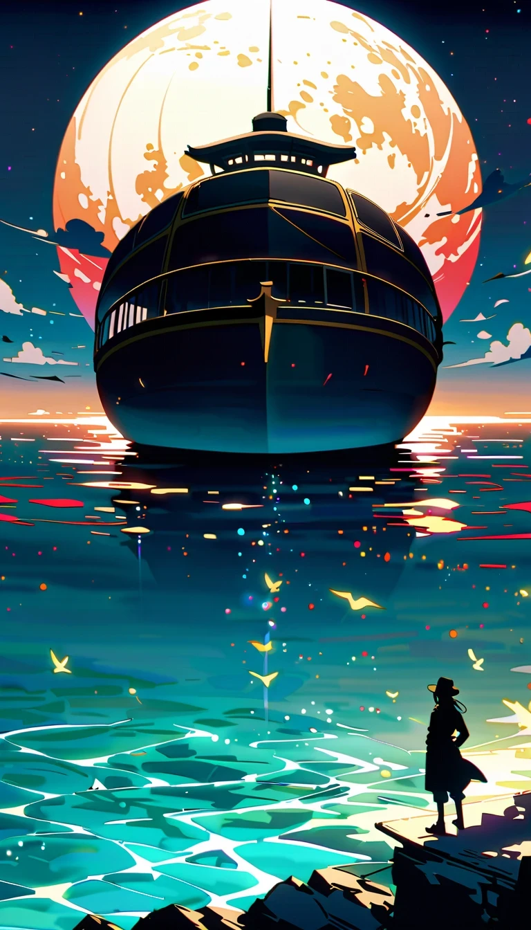 In this anime scene，A Chinese swordsman sits on the bow of an ancient ship，He wears black armor and hat，head resting on one arm。The huge sun in the sky shines brightly，The clouds show a gradient of lavender and white，Create a spectacular sunset scene。The boat sails slowly on the calm water，Buildings in the distance are illuminated by the setting sun，Adds a sense of mystery。Birds soar through the air，Add movement to the picture。The overall atmosphere is peaceful and mysterious，Be one with nature、with artistic elements，Presenting scenes that are both real and surreal。close-up composition，Character and ship alignment，depth of field。